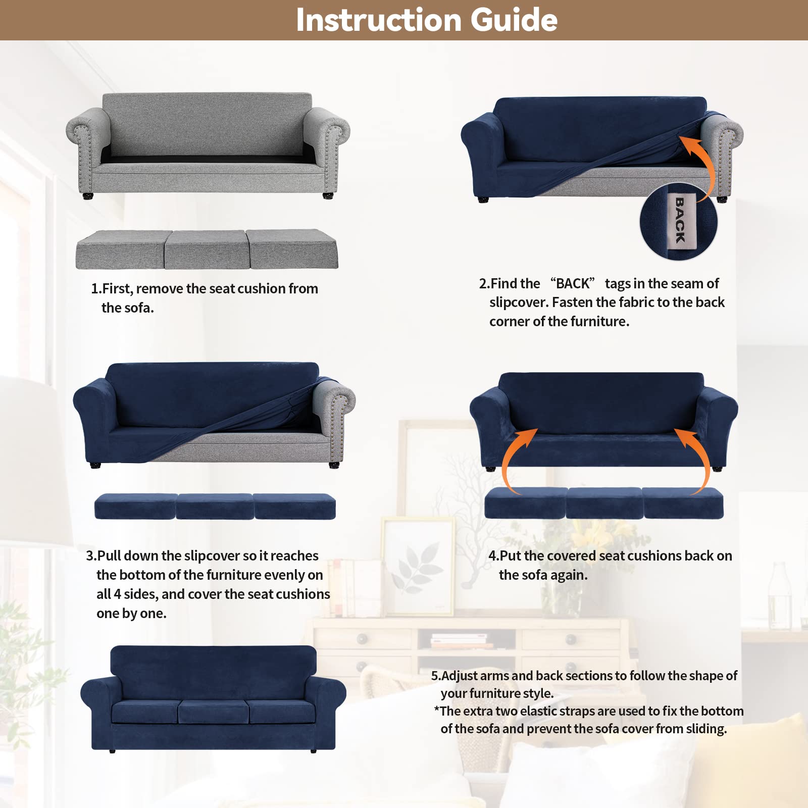 4-Piece Navy Blue Velvet Stretch Sofa Slipcover Set - Soft Plush Washable Couch Cover with Non-Slip Elastic Bottom for 3-Cushion Couches - Perfect for Living Room Furniture Protection & Home Decor Upgrade