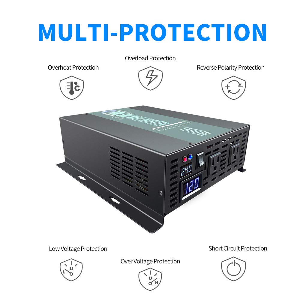 1500W 24V to 120V Pure Sine Wave Power Inverter with Remote Control - Solar Energy Converter for RV, Boat, Off-Grid & Emergency Power Backup