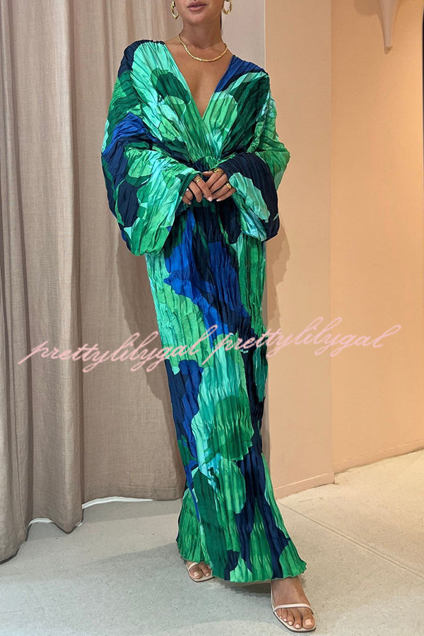 Tropical Oasis Capri Print Kimono Sleeve Pleated Cocoon Maxi Dress | Flowy Beach Cover Up & Summer Vacation Outfit for Women | Perfect for Pool Parties, Resort Wear & Boho Fashion
