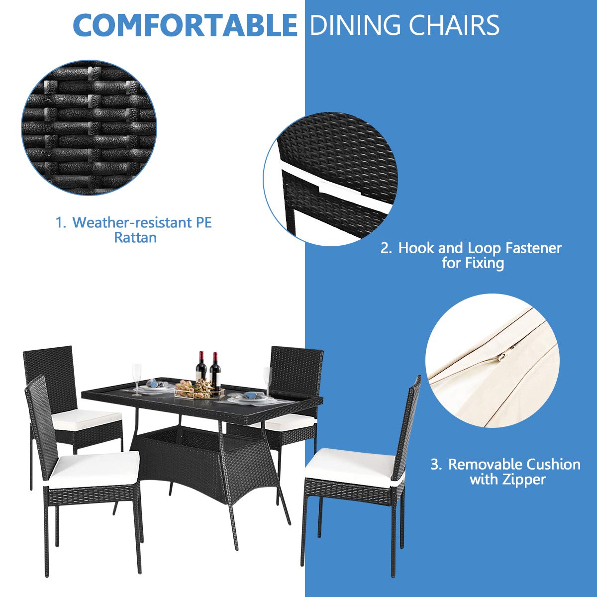 HAPPYGRILL 5-Piece Outdoor Patio Dining Set - Rattan Wicker Table & Chairs with Cushions & Tempered Glass Top - Garden, Poolside & Backyard Furniture for Relaxing & Entertaining