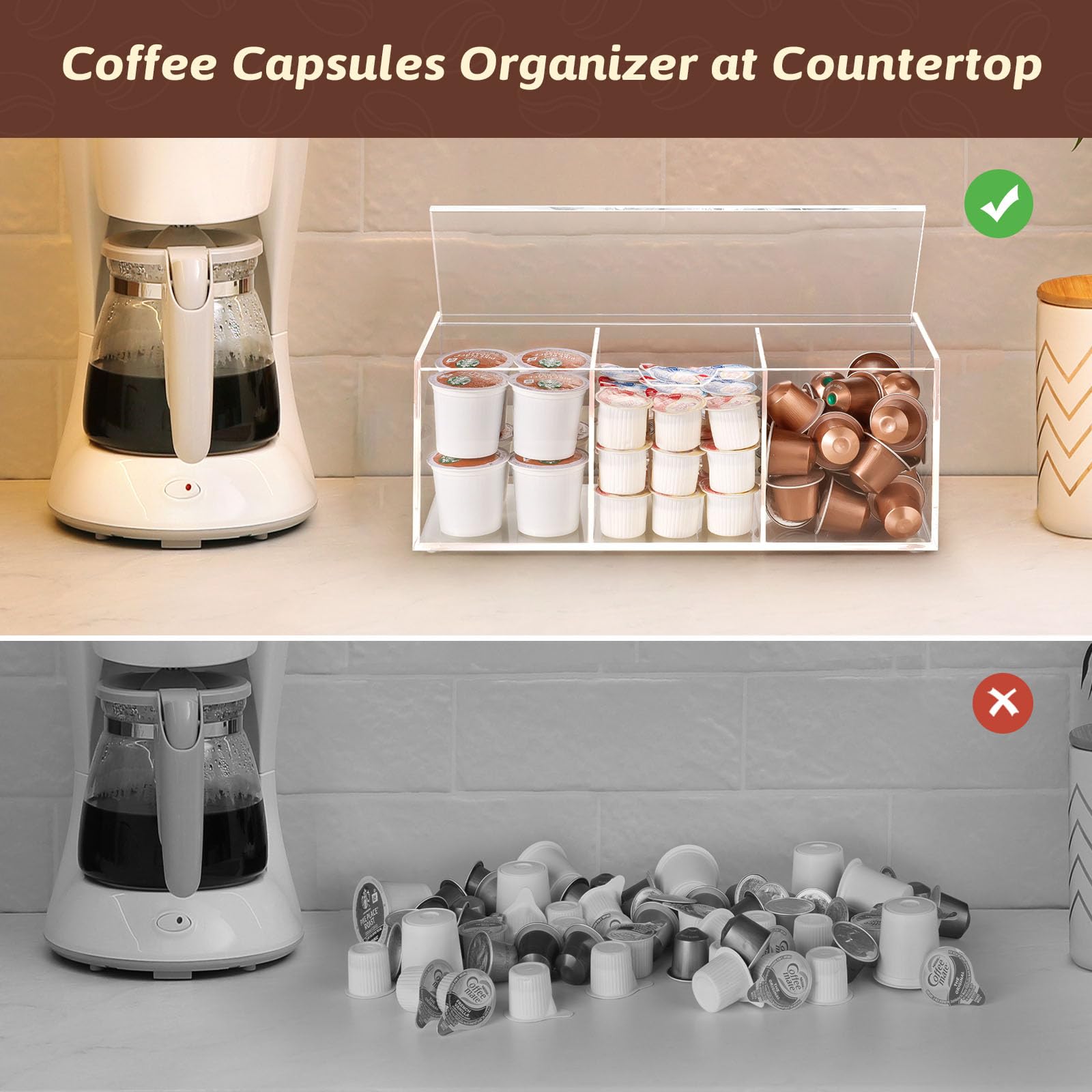 BEYGORM Clear Acrylic Coffee Pod Holder with Lid - 24 K-Cup Storage Organizer, 3 Compartment Coffee Bar Station for Keurig Pods & Creamers | Perfect for Kitchen Countertop & Office Coffee Station Organization