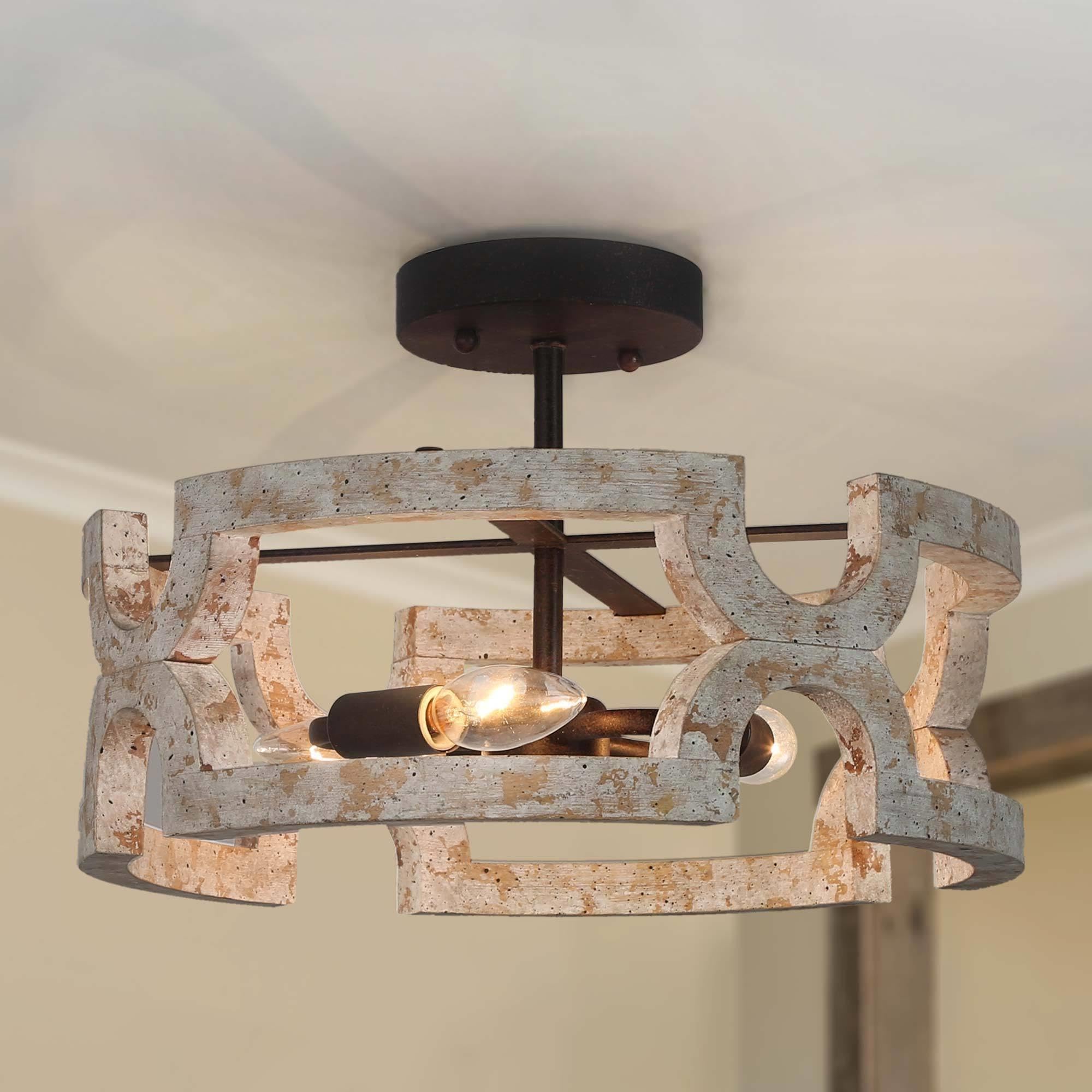 Vintage Farmhouse Wood Semi Flush Mount Ceiling Light - Distressed White Drum Style Close-to-Ceiling Fixture for Bedroom, Hallway, Foyer, Kitchen, Stairway, Dining & Living Room - Perfect for Rustic, Cottage & Boho Home Decor
