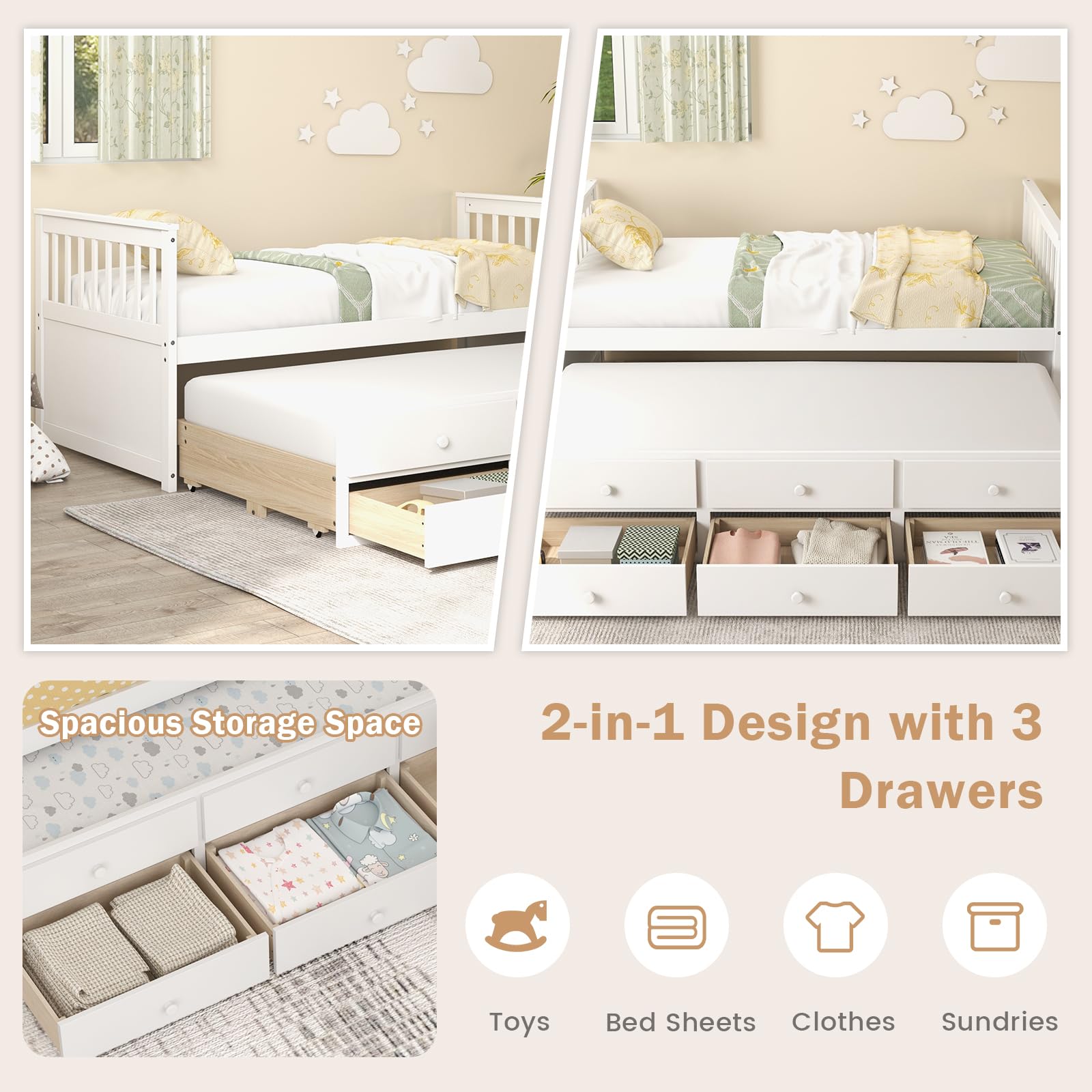 DORTALA Twin Size Trundle Bed with Storage Drawers - Wooden Daybed with Pull-Out Trundle, No Box Spring Needed, Modern Captains Bed for Kids, Teens & Adults - Perfect for Small Bedrooms, Guest Rooms & Studio Apartments (White)