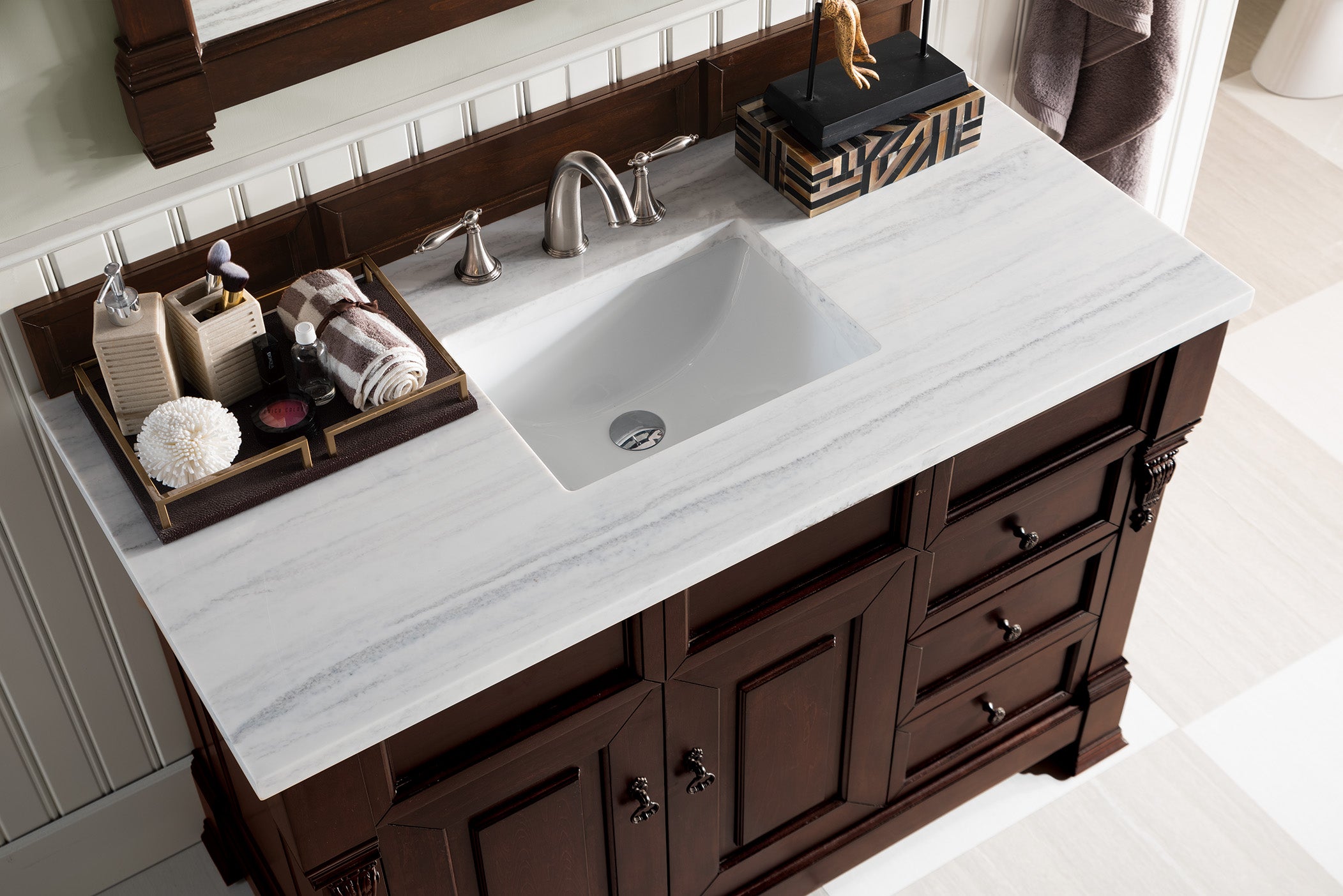 Brookfield 48 Inch Single Bathroom Vanity with Burnished Mahogany Finish & 3CM Arctic Fall Solid Surface Top - Perfect for Modern Home Bathroom Renovation
