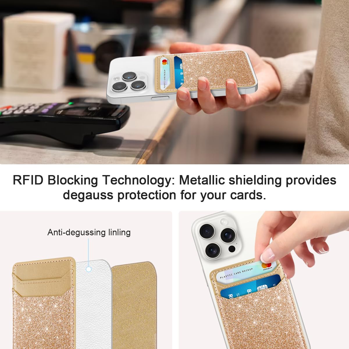 Self Adhesive Card Holder for Phone Back - Leather RFID Blocking Phone Wallet with Sticky Back - Credit Card Sleeve for Phone Case (Glitter Gold) - Perfect for Contactless Payments, ID Storage & Everyday Convenience