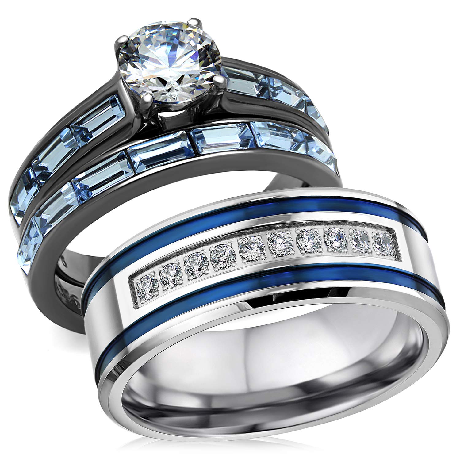 Romantic Blue Wedding Rings Set for Couples - 3 Piece Stainless Steel CZ Engagement Rings for Him and Her - Perfect for Anniversaries, Proposals & Romantic Gifts