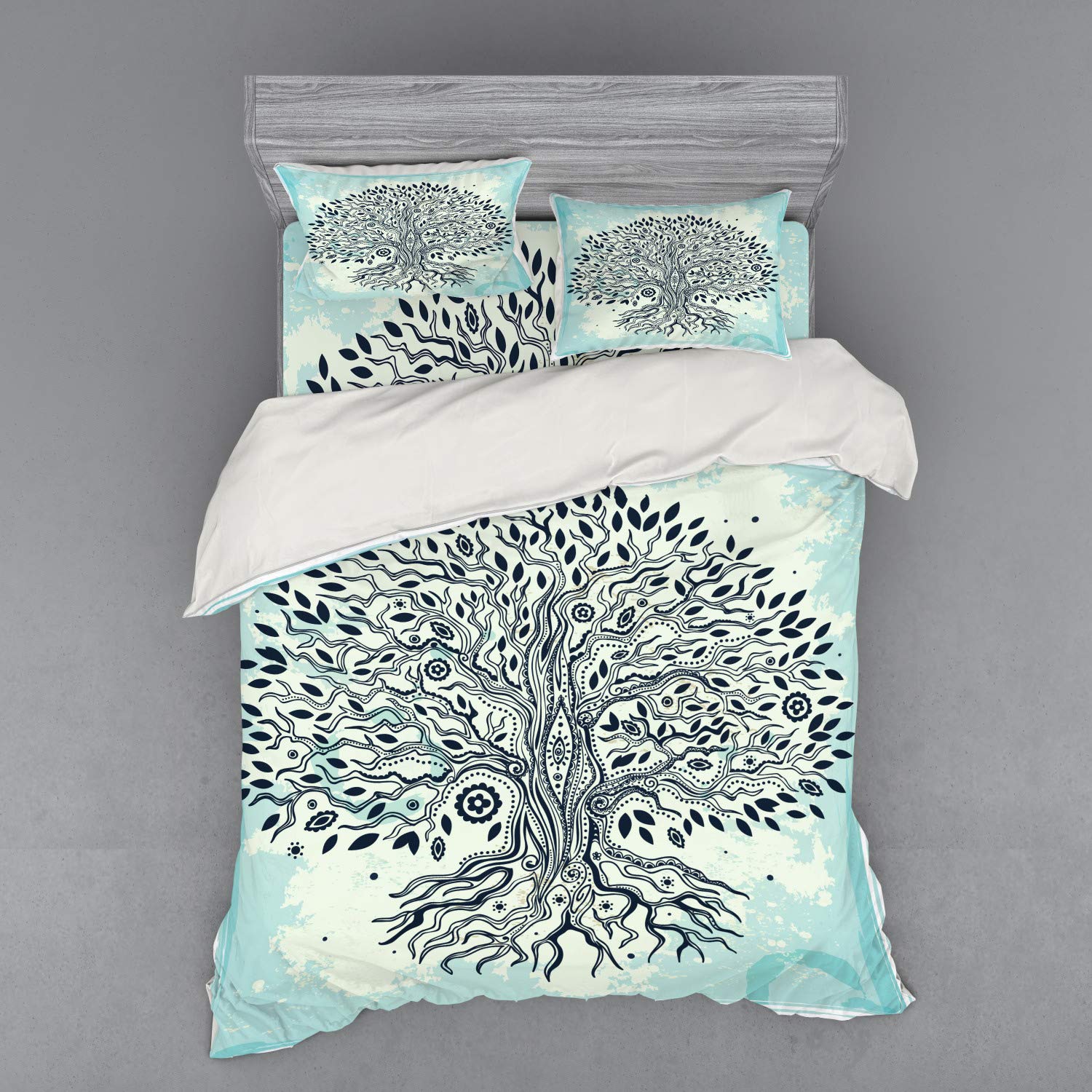 Ambesonne Bohemian Tree of Life Duvet Cover Set - 3 Piece Queen Size Bedding with Sham & Fitted Sheet, Indigo Cream Blue Ethnic Print - Perfect for Boho Chic Bedrooms & Hippie Themed Home Decor