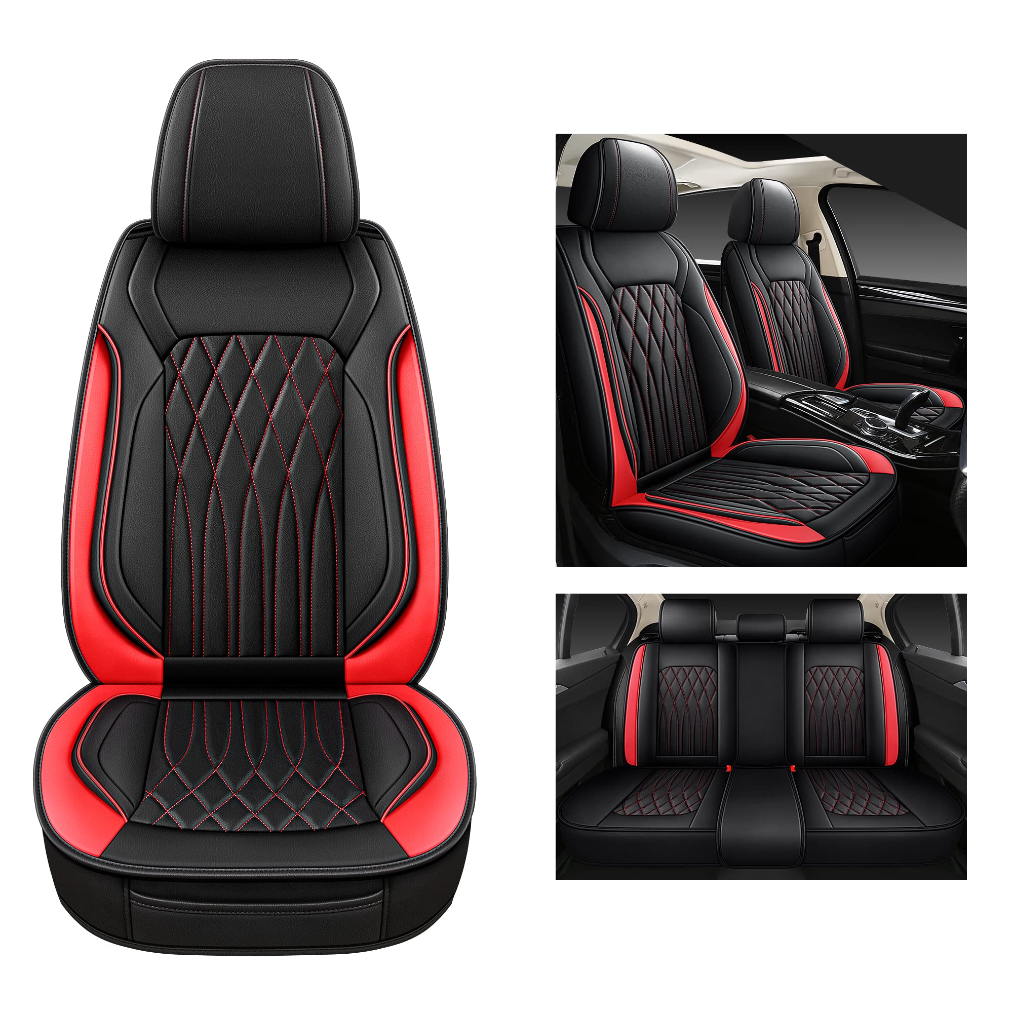 Premium Waterproof Faux Leather Car Seat Covers Full Set - Universal Fit for Sedans, Trucks & SUVs | Non-Slip Luxury Interior Protection | Black/Red Stitching | Perfect for Commuting, Road Trips & Family Vehicles