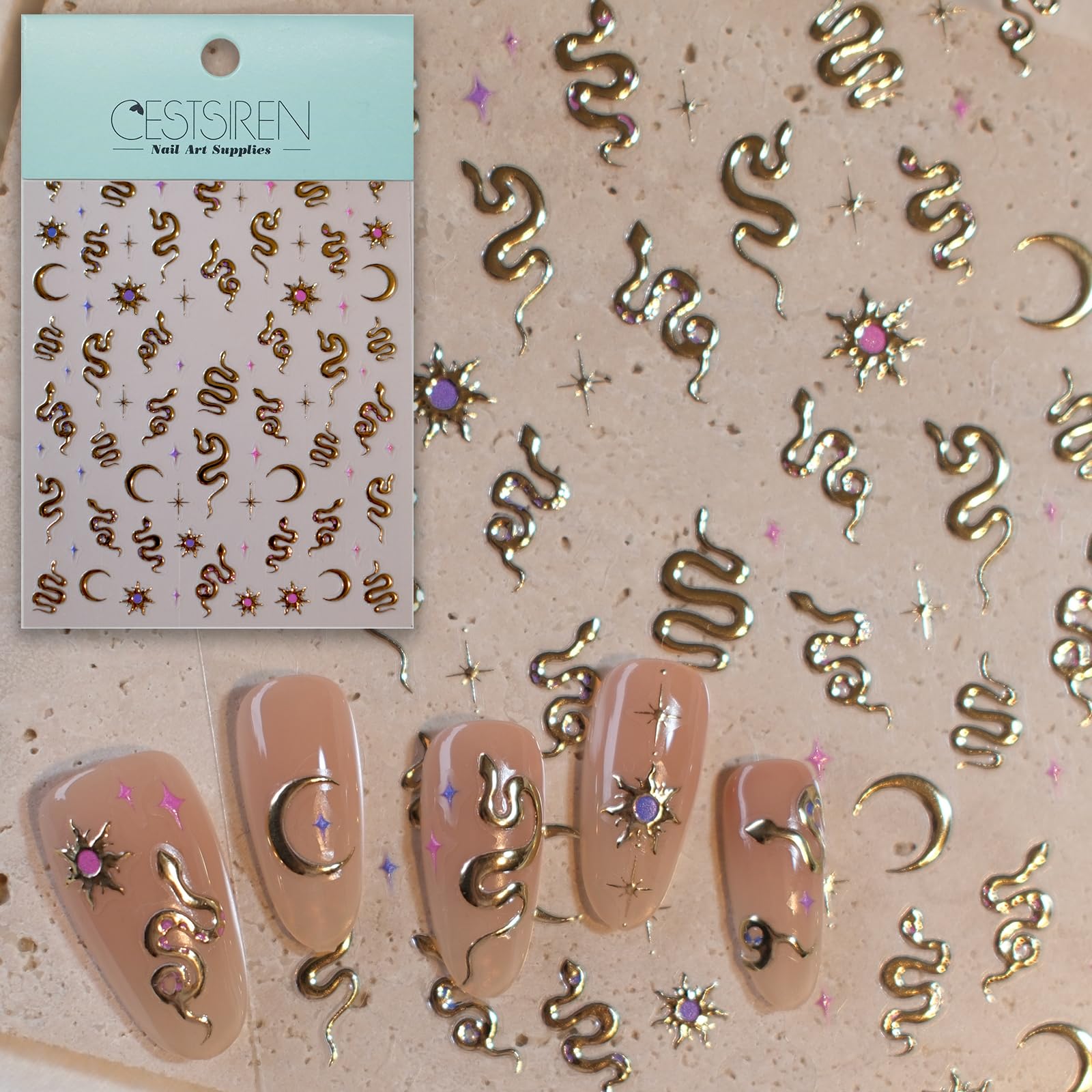 3D Gold Snake Nail Art Stickers - Holographic Embossed Nail Decals for Women, Self-Adhesive Nail Accessories & Nail Art Supplies - Perfect for Parties, Halloween, and Special Occasions