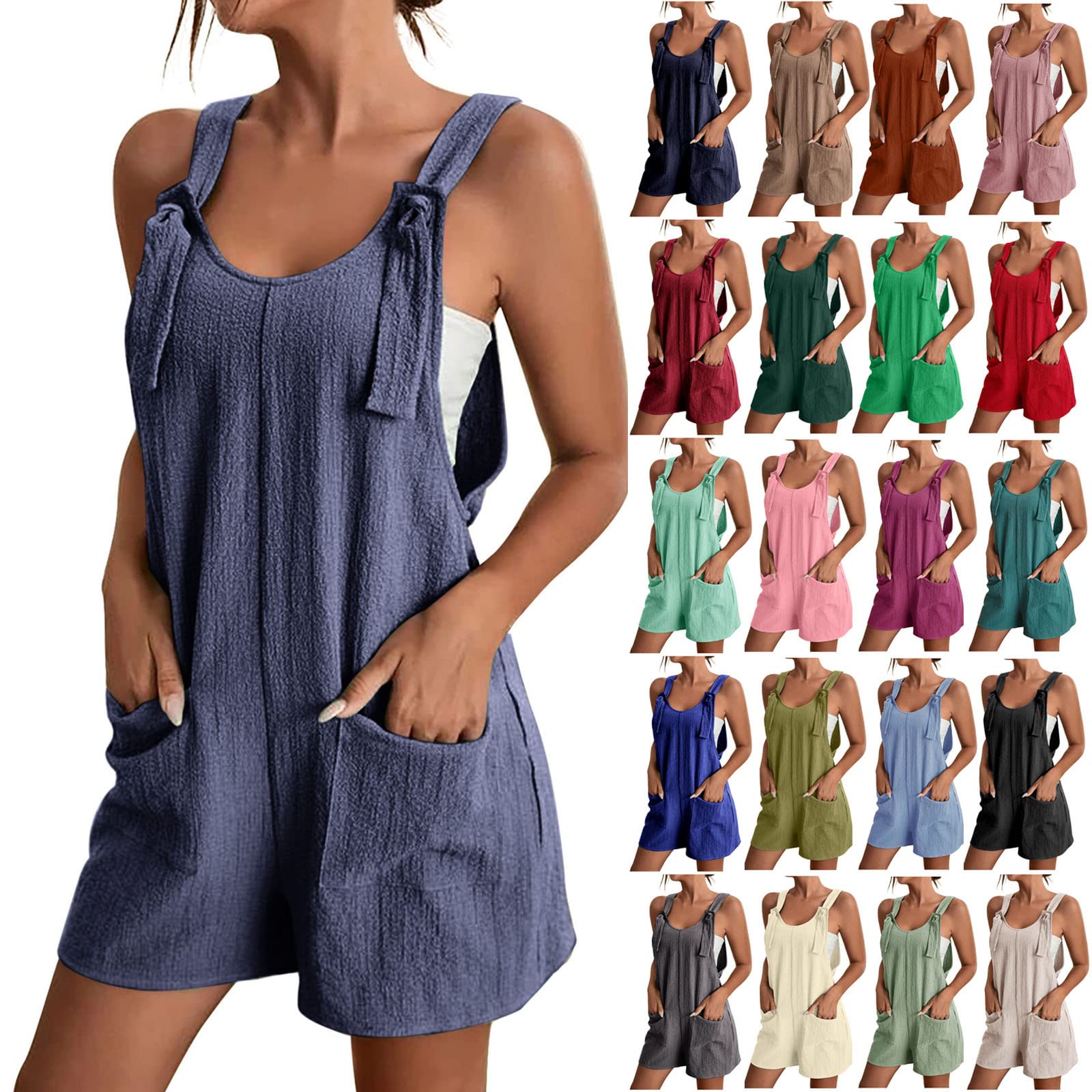 Women's Summer Overalls - Loose Fit Sleeveless Romper with Knot Strap & Pockets | Casual Jumpsuit for Beach, Picnic & Outdoor Activities