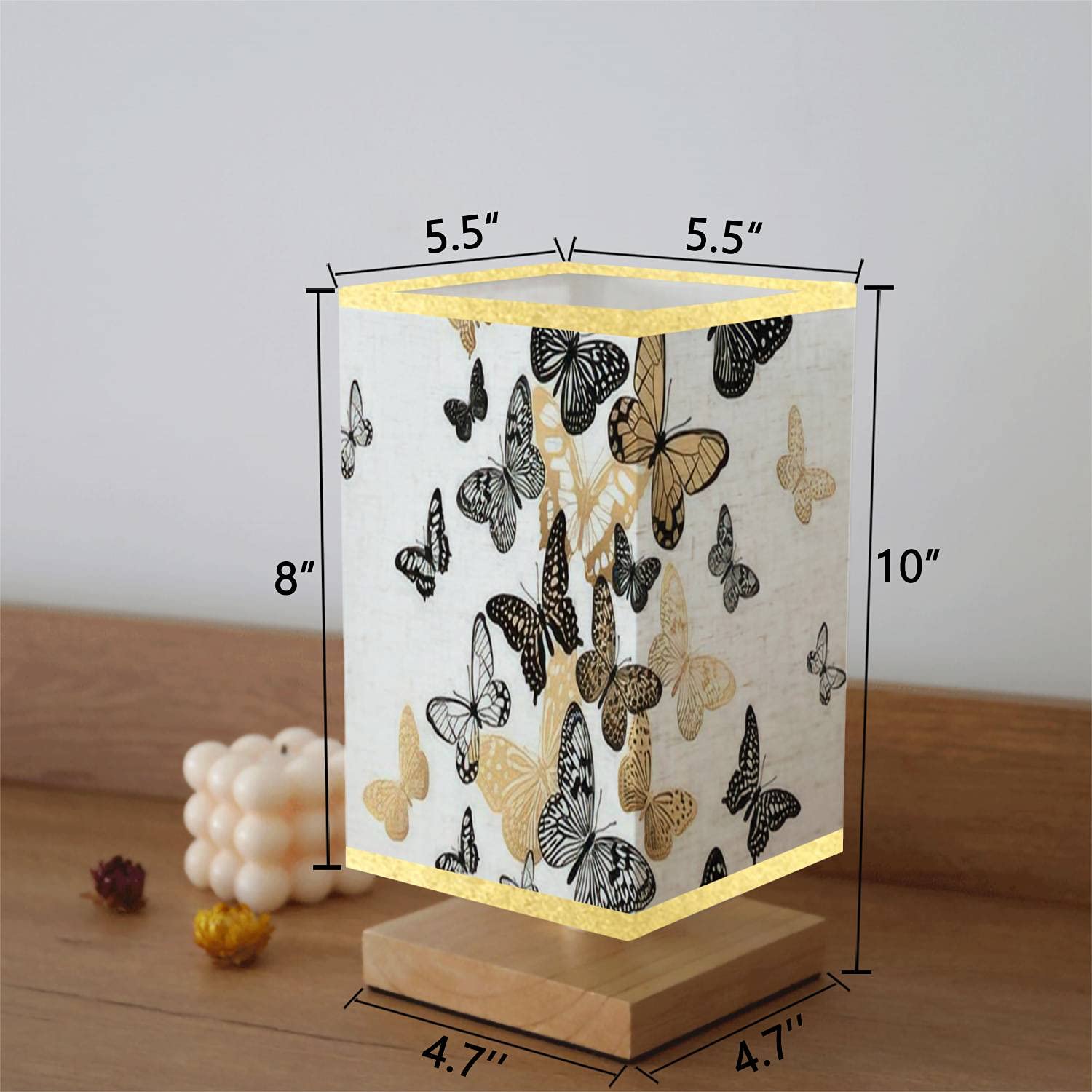 Modern Square Bedside Table Lamp with Gold & Black Butterfly Design, Wooden Base & Flaxen Fabric Shade - Dimmable Nightstand Lamp for Bedroom, Living Room, Nursery | Perfect for Reading, Relaxing & Creating Cozy Ambiance