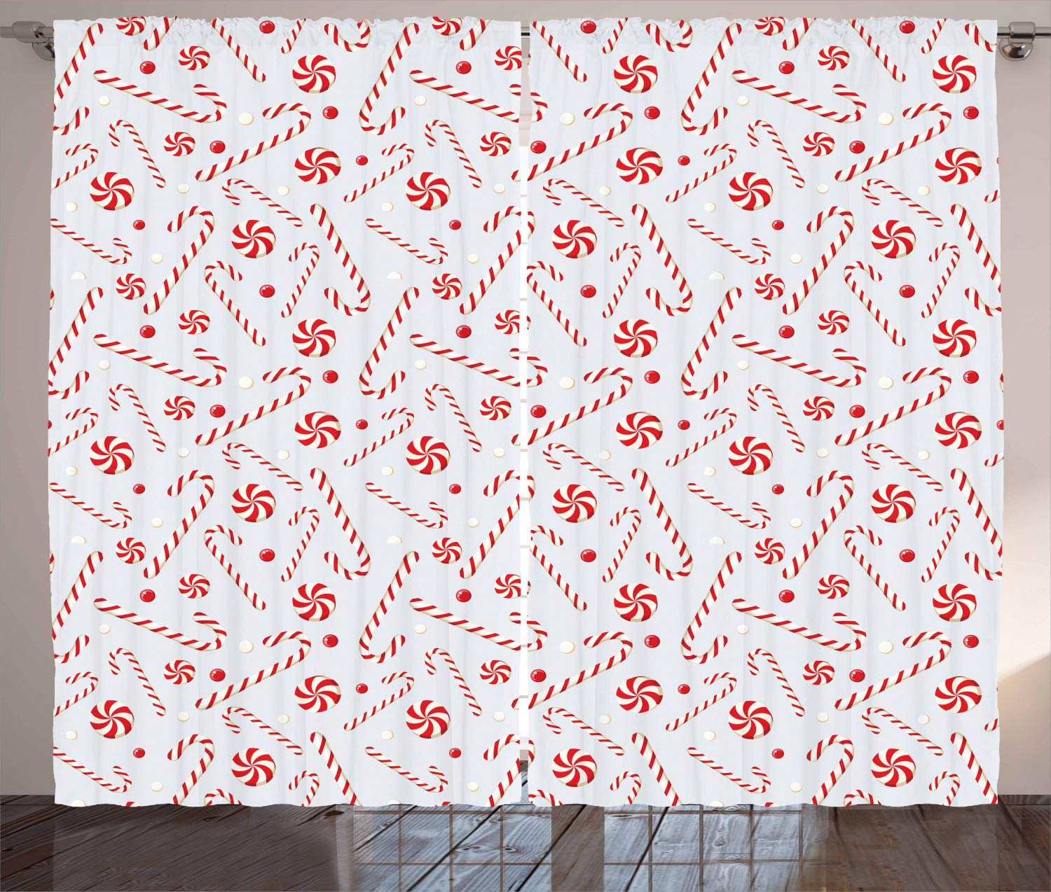 Ambesonne Red and White Candy Cane Christmas Curtains - Holiday Themed Window Drapes with Sugary Treats Pattern, 2 Panel Set (108