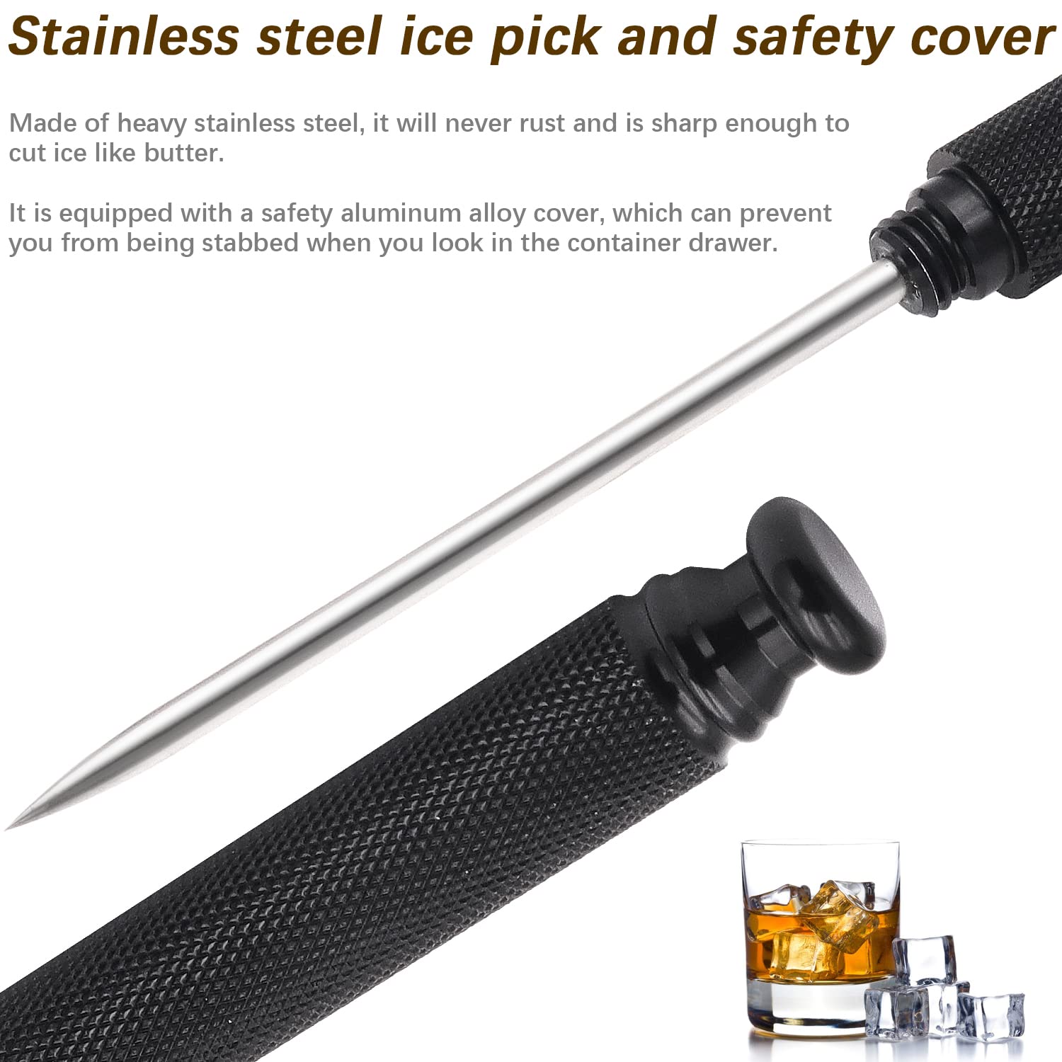 Premium Aluminum Alloy Ice Pick with Stainless Steel Blade & Safety Cover - Professional Ice Tool for Kitchen, Restaurant, Bar & Home Use - Ideal for Cocktail Making, Ice Sculpting & Food Preparation (Black)