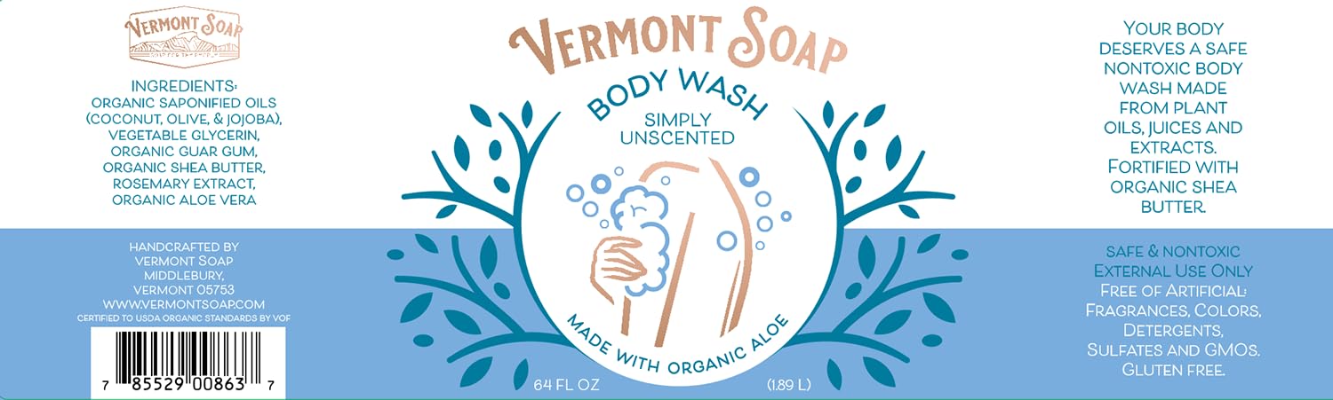 **Vermont Natural Shea Butter Body Wash - Fragrance Free Moisturizing & Soothing Gel for Women & Men (Simply Unscented, 64oz) - Perfect for Sensitive Skin & Daily Hydration**