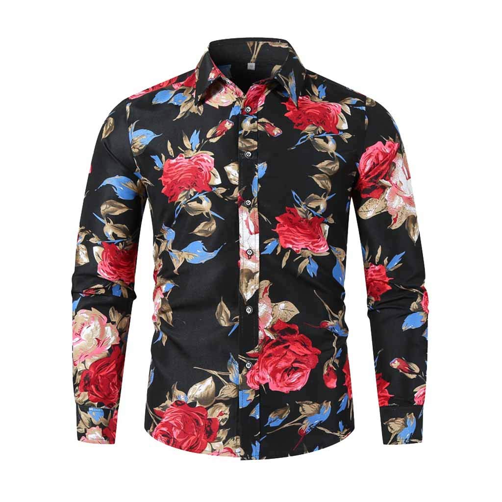Men's Slim Fit Printed Long Sleeve Dress Shirt - Casual Autumn Winter Top for Work, Beach & Date Night (Black, XL) - Soft Cotton Comfortable Button Down Shirt for Business Casual & Weekend Outings