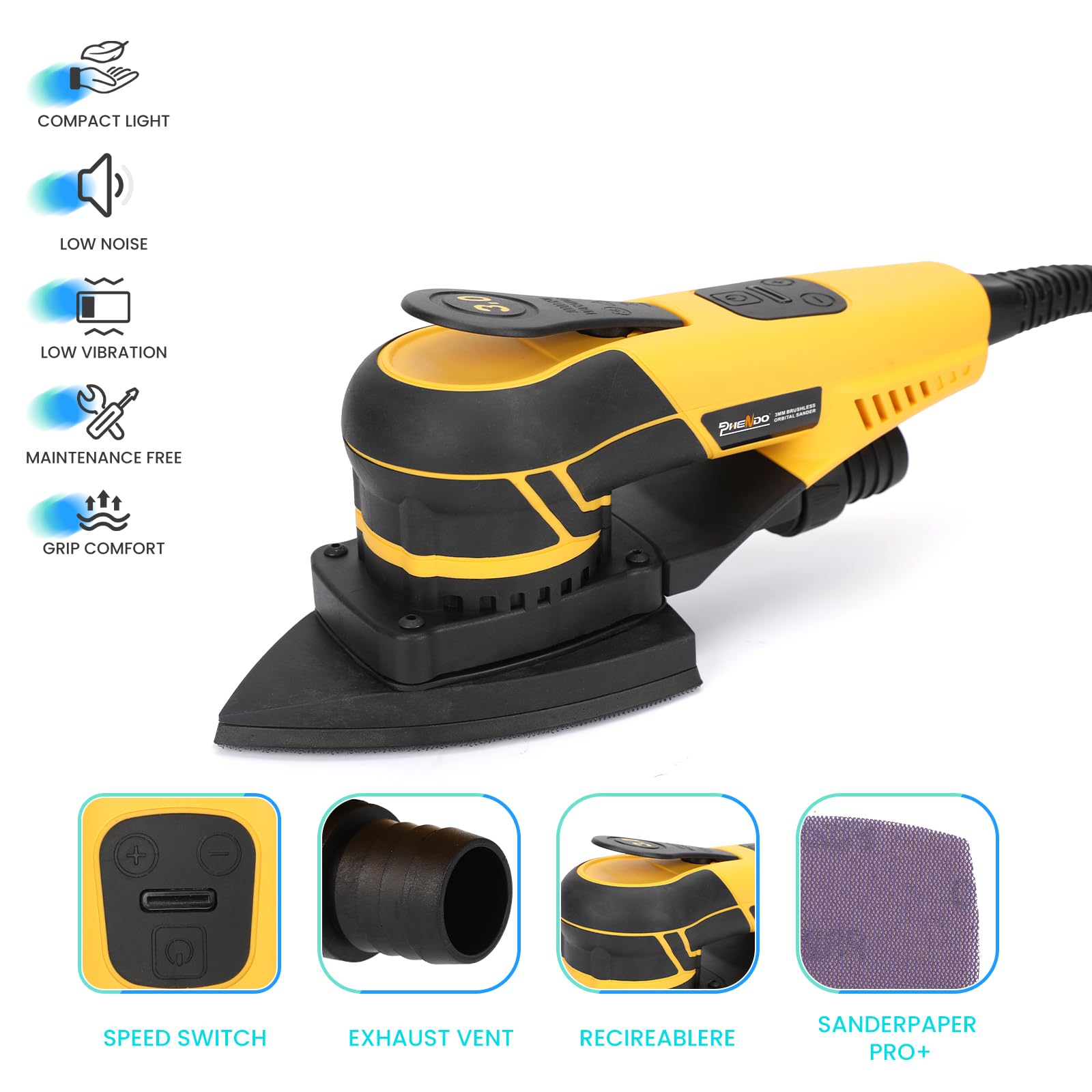 350W 3A Electric Random Orbital Sander - Professional Woodworking Mouse Sander with 3mm Orbit & Detachable Power Cord - Perfect for Sanding Wood, Panels, Furniture & DIY Projects