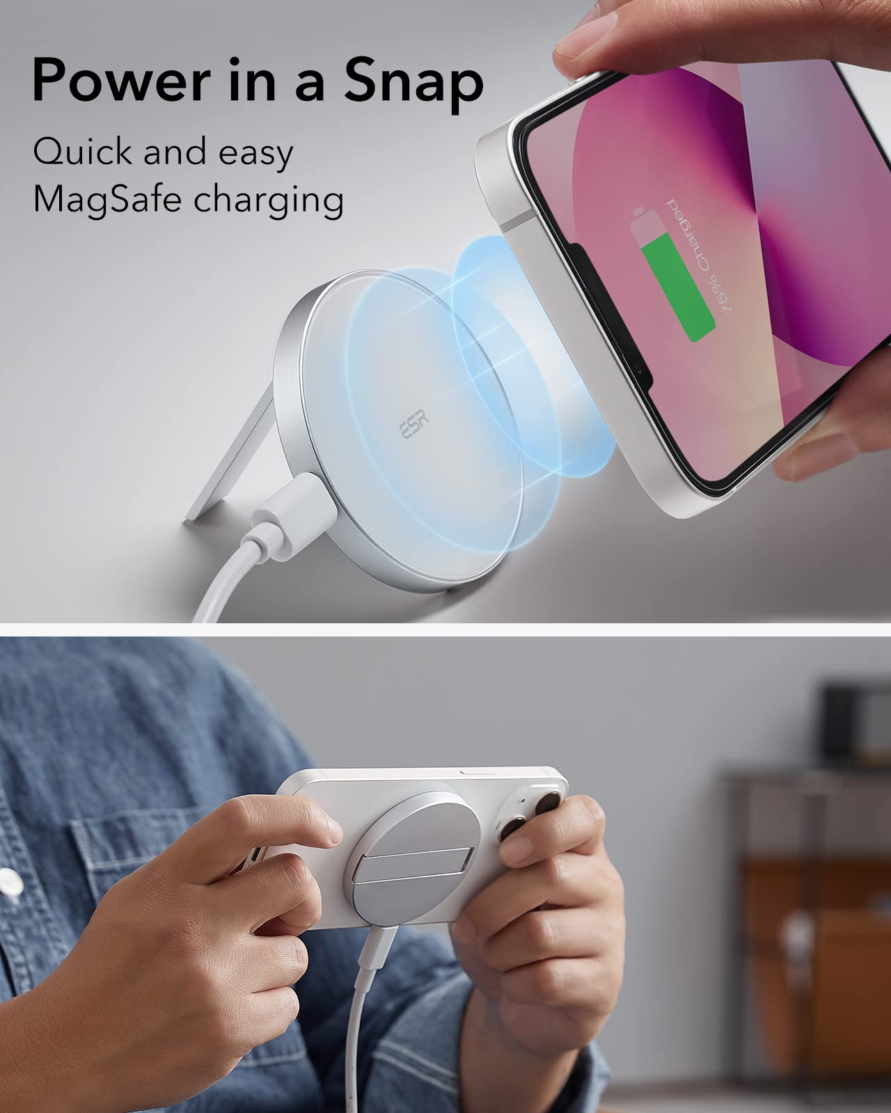 ESR MagSafe Wireless Charger Stand for iPhone 16/15/14/13/12 & AirPods 4/3/Pro - 5ft Detachable Cable, White | Desktop Charging Station for Home, Office & Travel