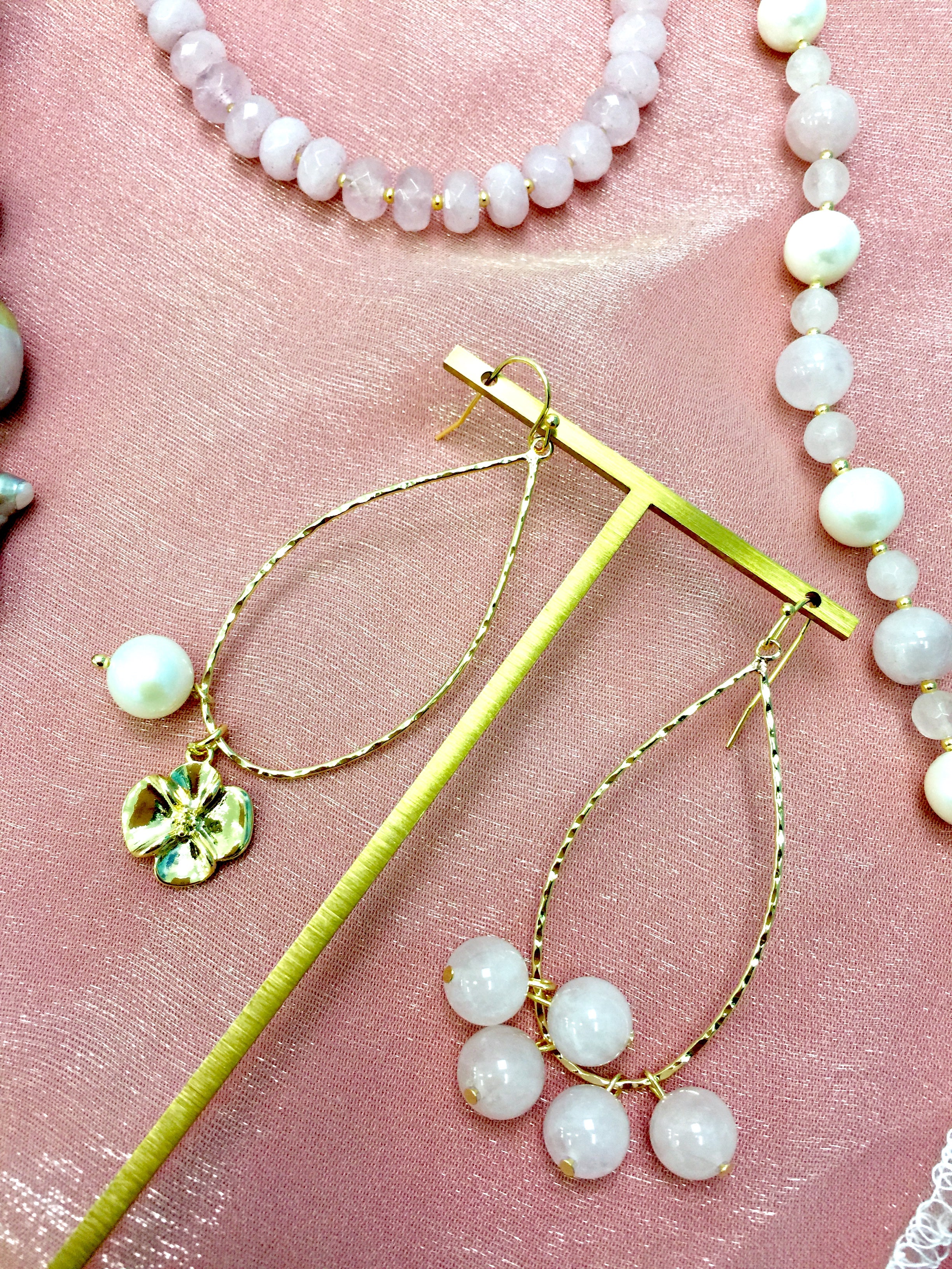 Rose Quartz & Freshwater Pearl Oversized Dangle Earrings for Women - Handmade Boho Chic Jewelry Gift - Perfect for Weddings, Parties & Special Occasions