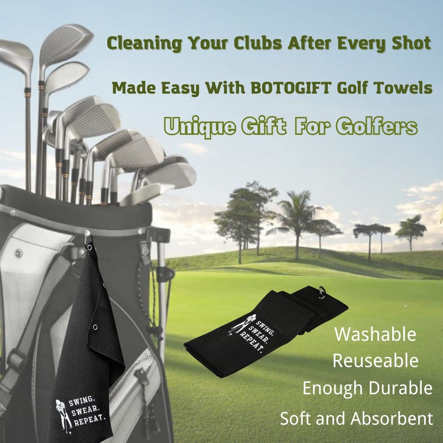 Funny Embroidered Golf Towel - Premium Golf Accessories for Men & Women | Golf Gifts with 'Swing Swear Repeat' Design | Perfect for Golf Courses, Driving Range & Clubhouse Use | Black