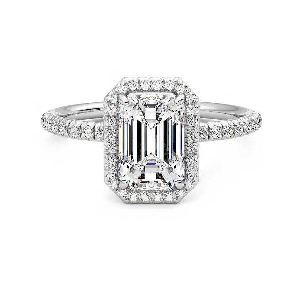 Classic Halo Emerald Cut Moissanite Engagement Ring with Hidden Anniversary Stone Accent - Elegant Wedding Jewelry for Proposals & Anniversary Gifts
