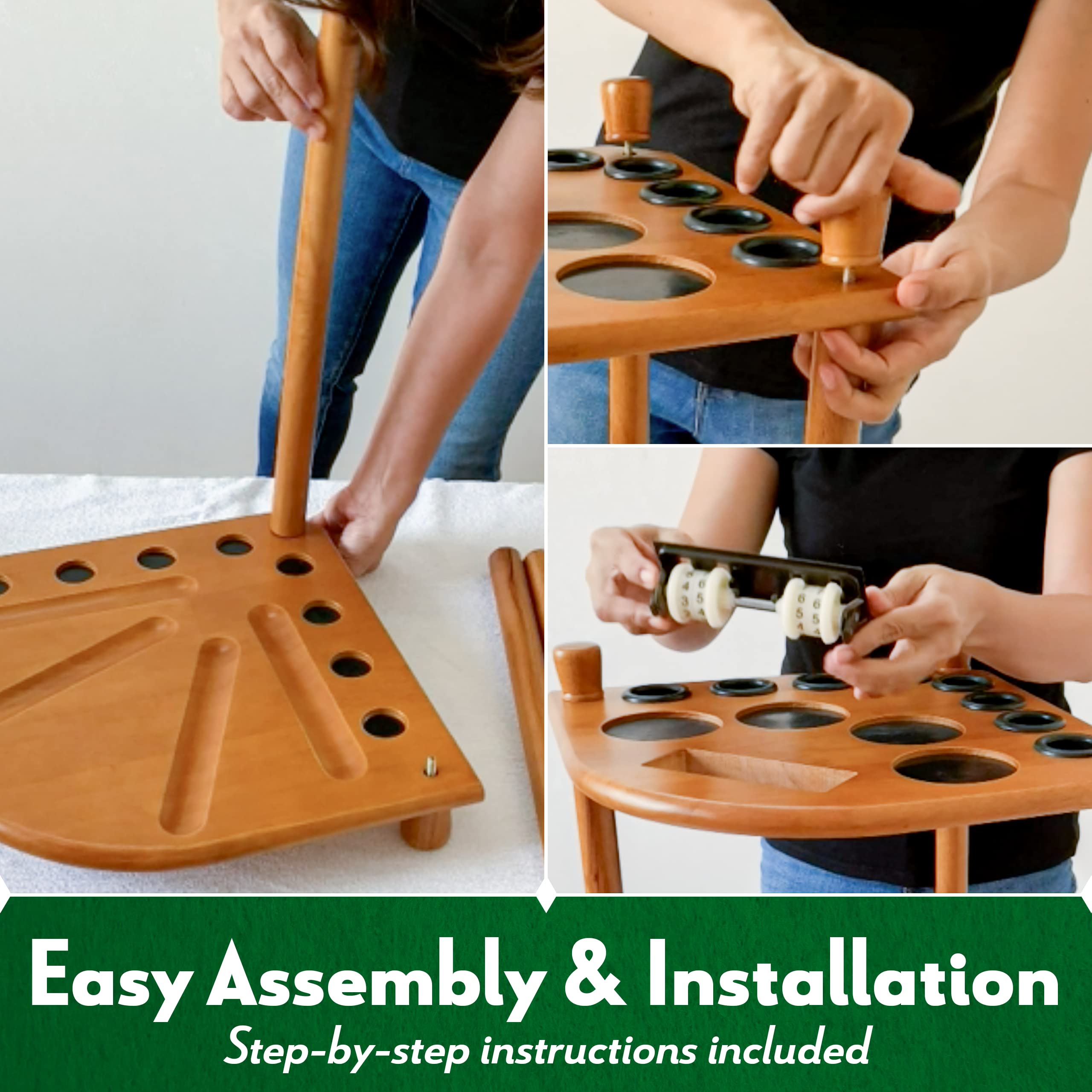 ISZY Billiards Pool Stick Holder - 8 Cue Rack with Ball Storage & 4 Score Counters - Solid Mahogany Wood Stand for Home Game Rooms, Bars, and Pool Halls