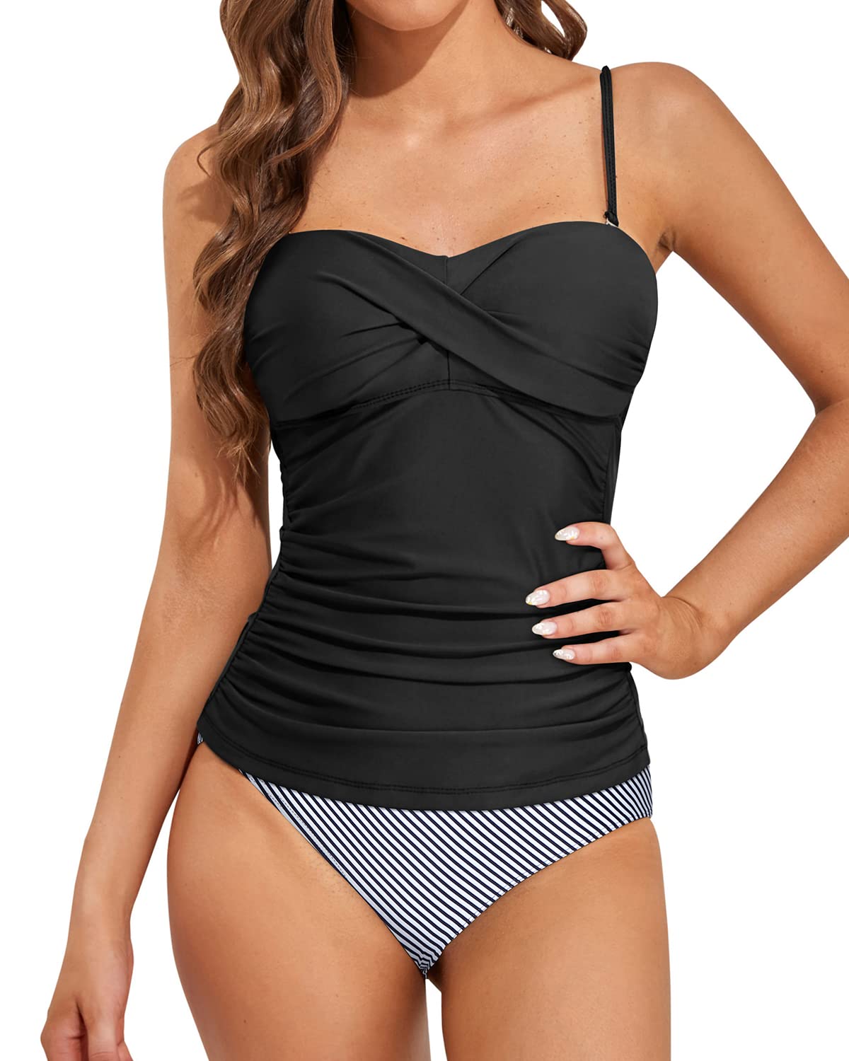 Women's Two Piece Bandeau Tankini Swimsuits - Tummy Control Bathing Suit with Twist Front Top & Swim Shorts | Perfect for Beach Vacation, Pool Party & Summer Getaway