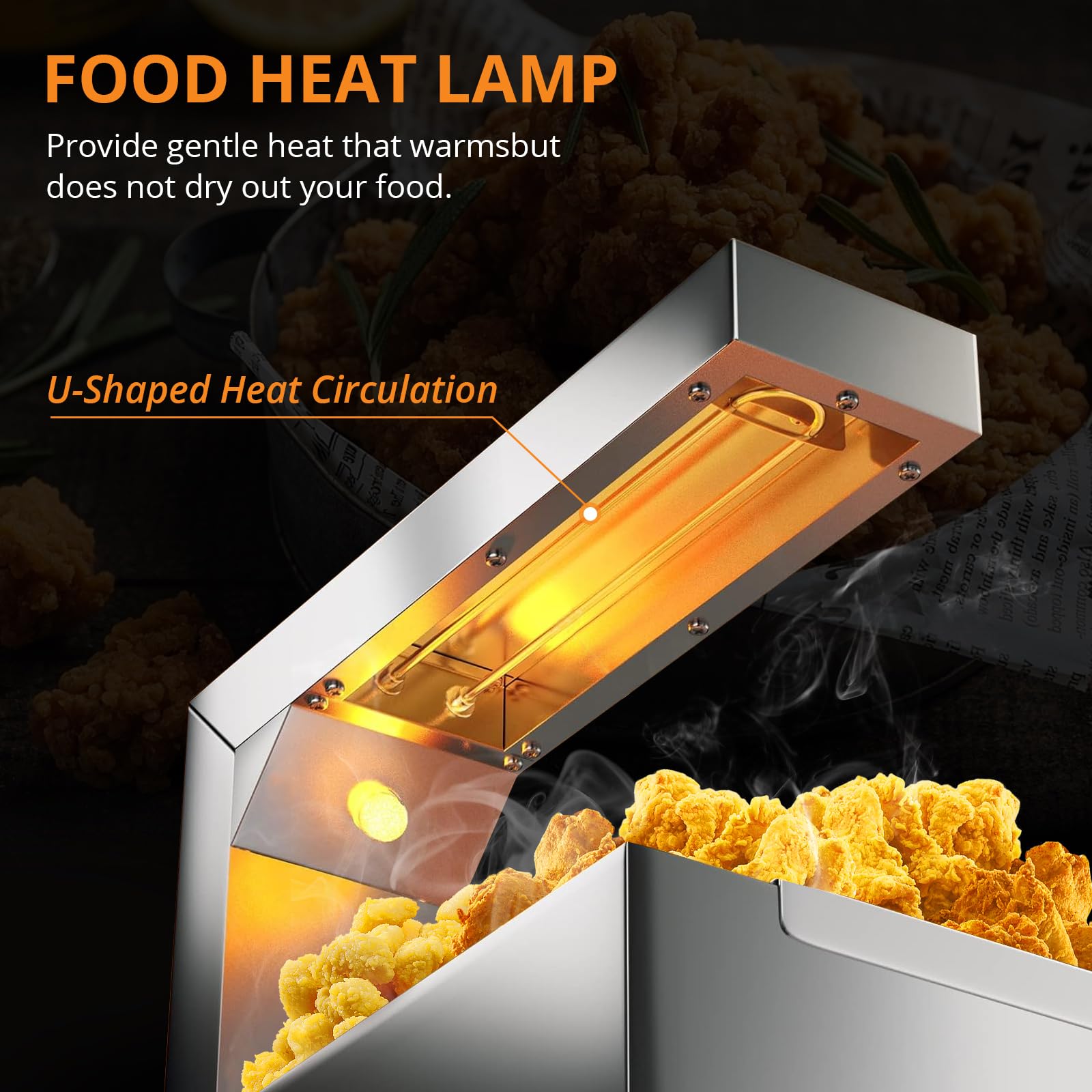 Commercial Grade Portable Food Warmer - 1000W Stainless Steel Heat Lamp with Removable Drain Tray for Chicken Fries, Burgers & Hot Dogs | Restaurant, Food Truck & Catering Use