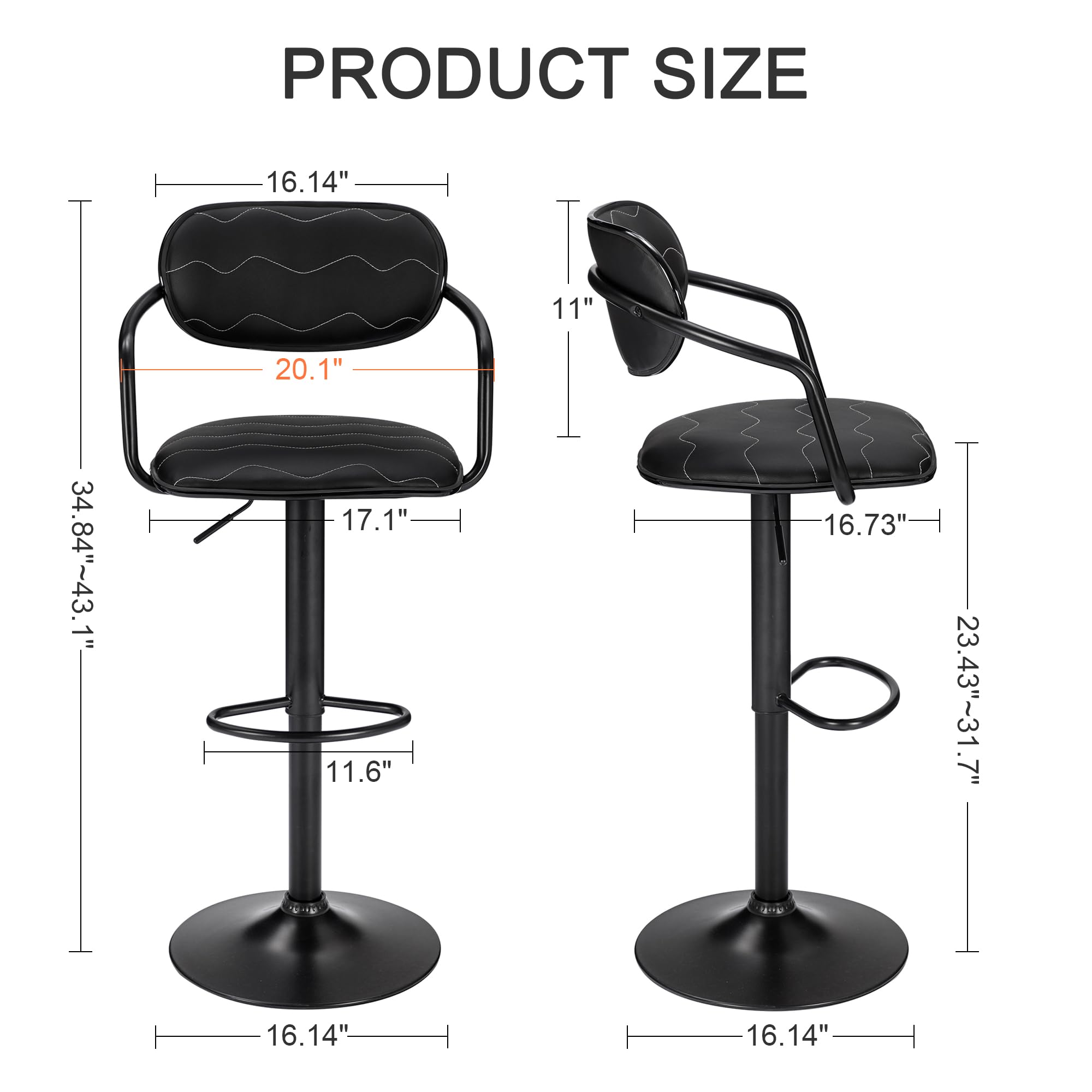 VECELO 2-Pack Adjustable Swivel Bar Stools with Back & Arm - PU Leather Counter Height Bar Chairs for Kitchen Island, Pub, Dining & Living Room - Black - Perfect for Entertaining & Home Decor