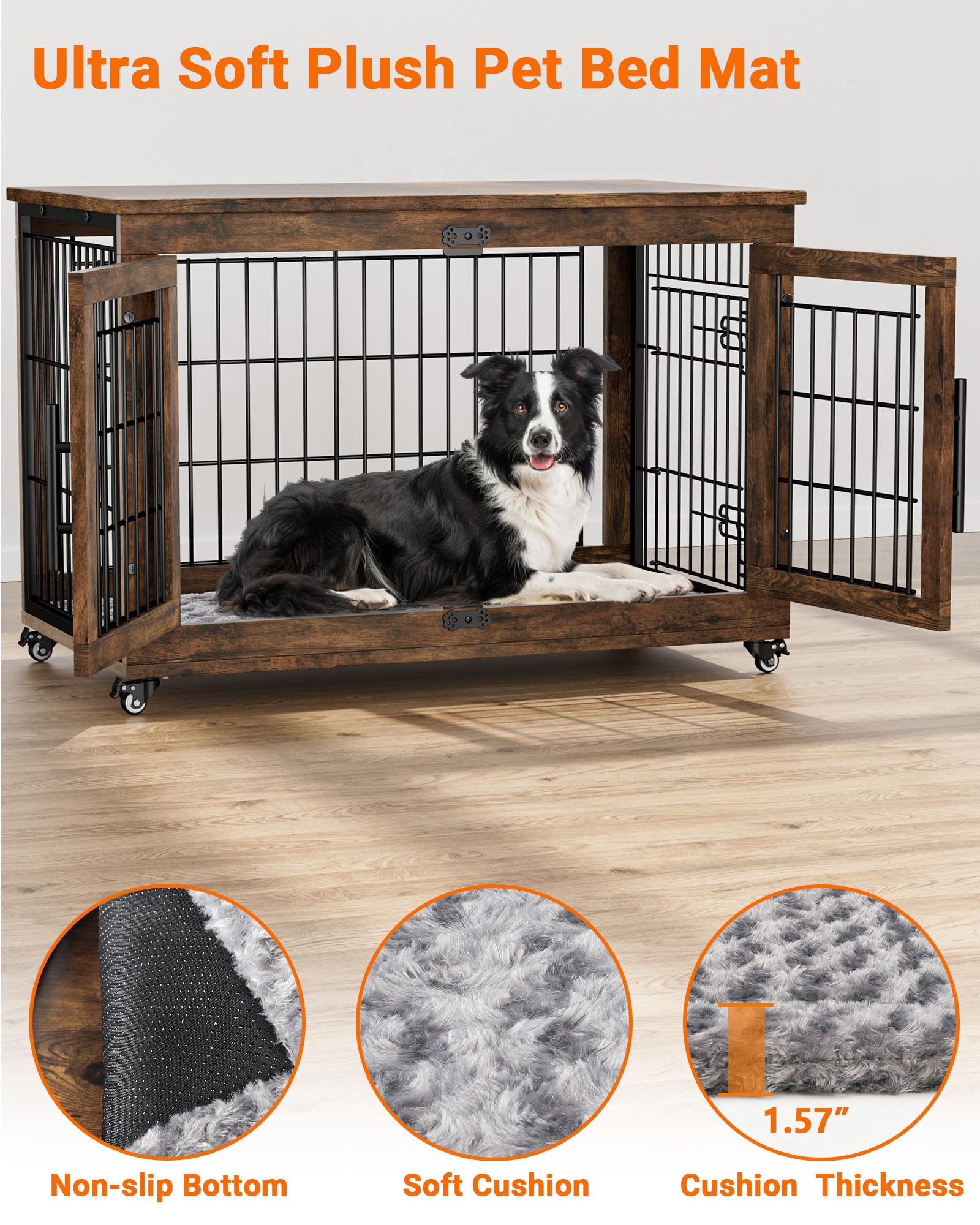 Rustic Brown Large Wooden Dog Crate Furniture with Cushion - 38.5