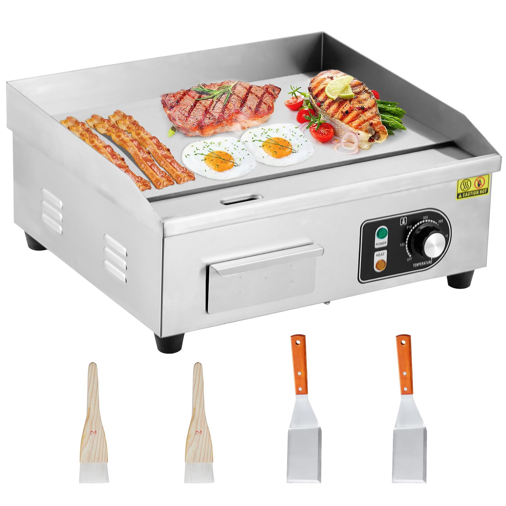 GARVEE 18 Inch Commercial Electric Grill - 1600W Non-Stick Stainless Steel Griddle with Adjustable Temperature (122°F-572°F) - Perfect for Home Kitchen, Restaurant, BBQ Party & Outdoor Cooking (No Plug Included)