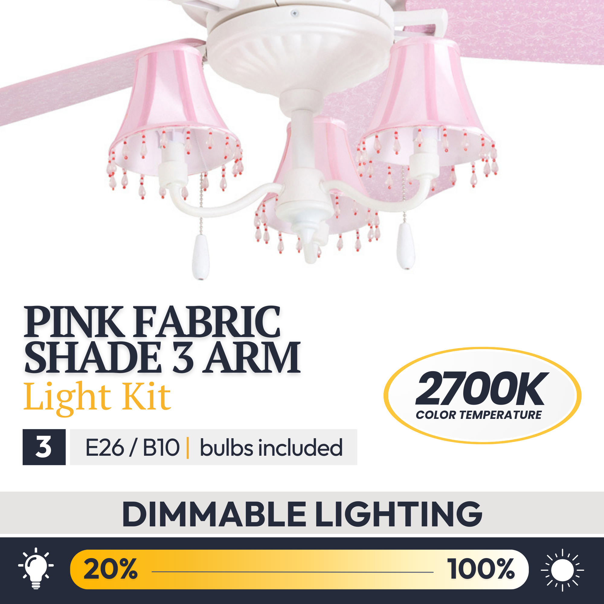 48 Inch White and Pink Elsa Ceiling Fan with Pull Chain - Perfect for Bedroom, Living Room, and Nursery Cooling