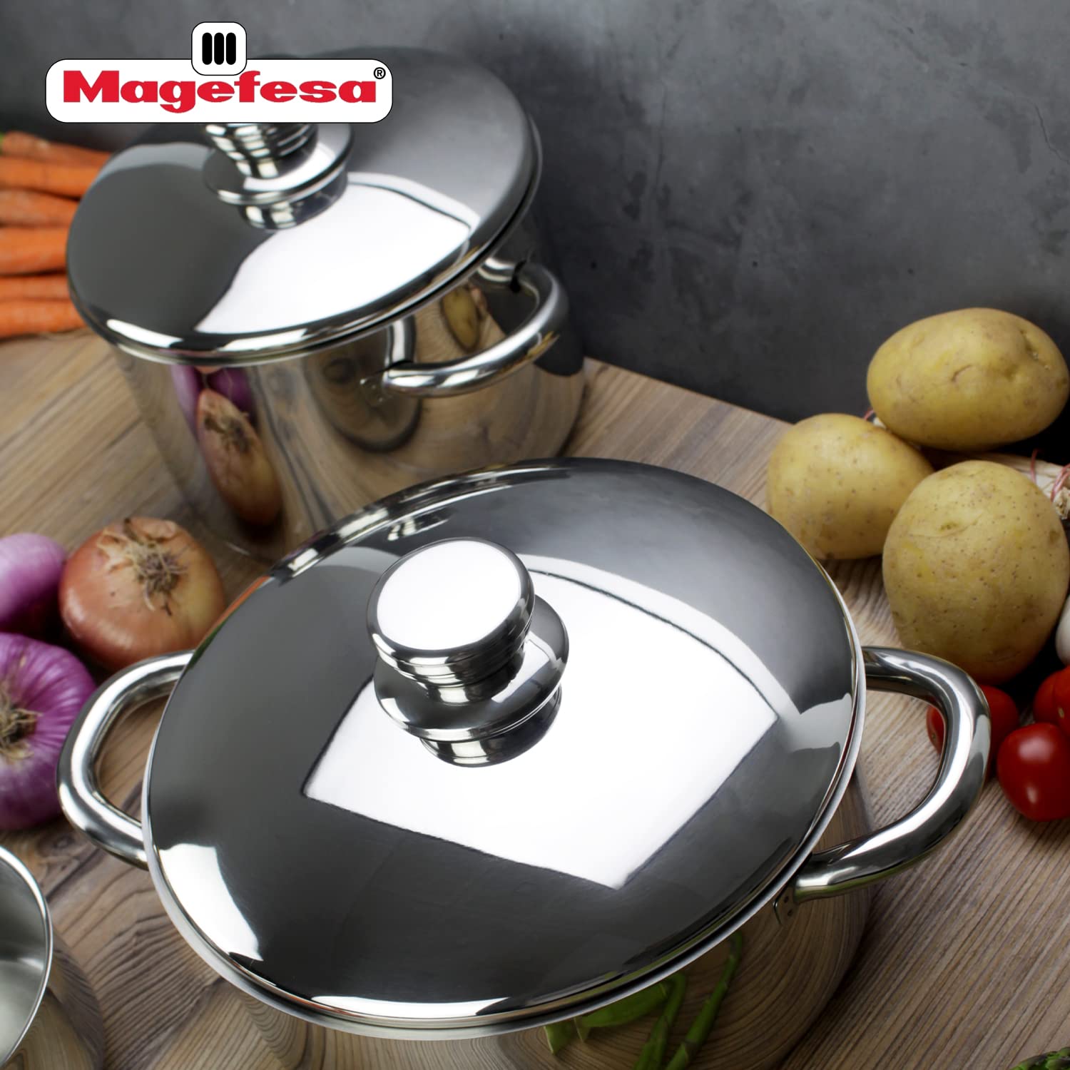 MAGEFESA 6-Piece Stainless Steel Cookware Set for Couples - Includes Stockpot, Dutch Oven, Saucepan & Deep Fry Pan - Induction Compatible for All Stovetops - Easy Clean & Dishwasher Safe - Perfect for Family Cooking, Meal Prep & Entertaining