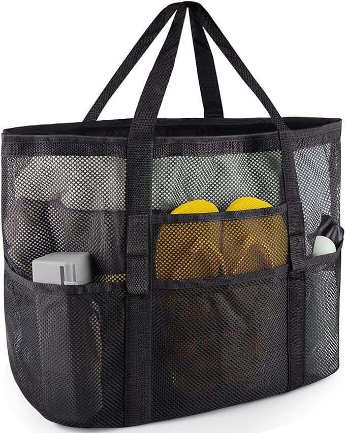 HirTa Gab Mesh Tote Hobo Beach Bag for Women - Sandproof, Durable with Multiple Pockets - Stylish Shopping & Pool Bag for Swimming, Travel & Daily Use - Mesh Black - Perfect for Beach Outings, Gym Visits and Summer Vacations