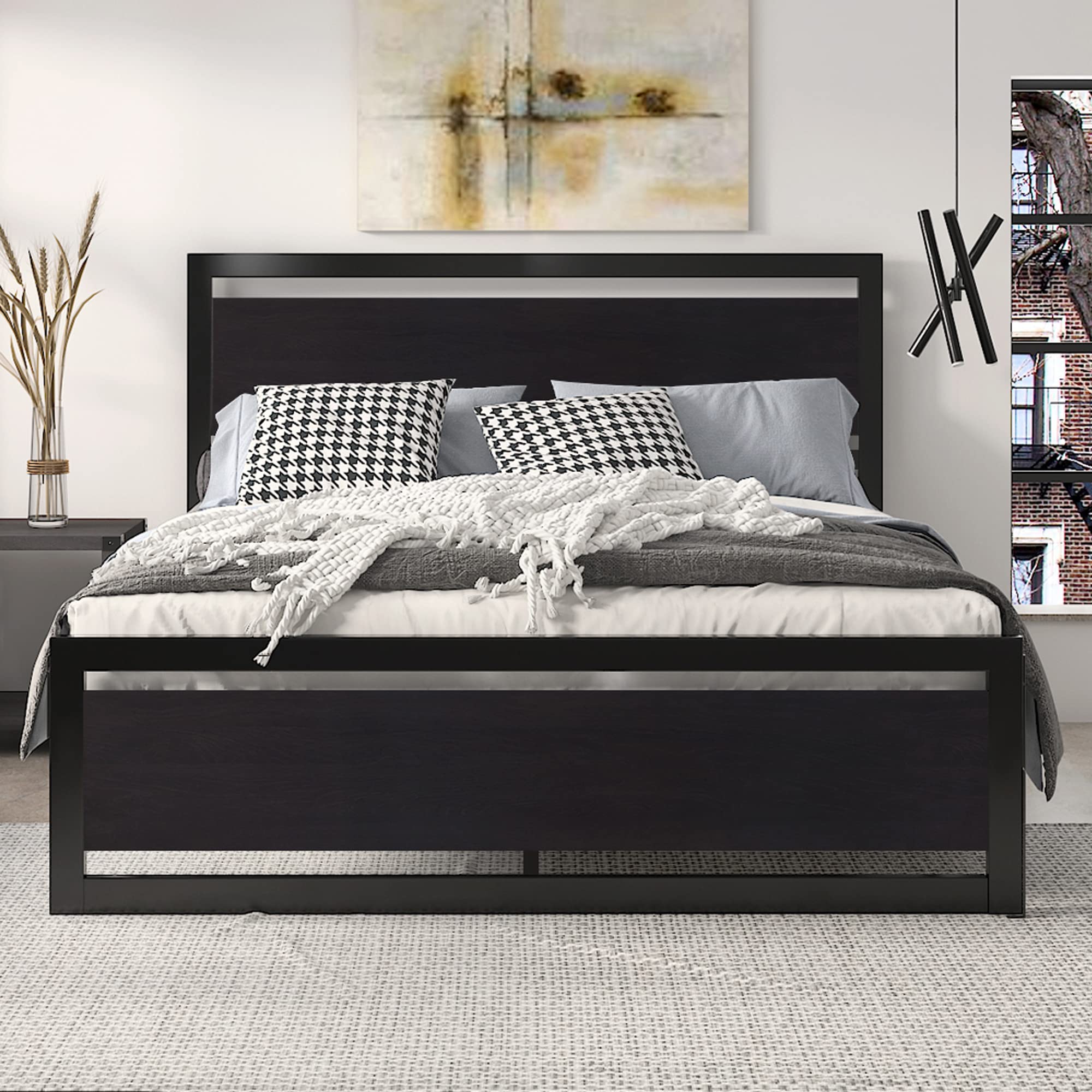 Full Size Bed Frame with Modern Headboard - Heavy Duty Metal Platform Base, Square Footboard & 13 Reinforced Slats - No Box Spring Required - Black - Perfect for Modern Bedrooms, Guest Rooms & Small Spaces