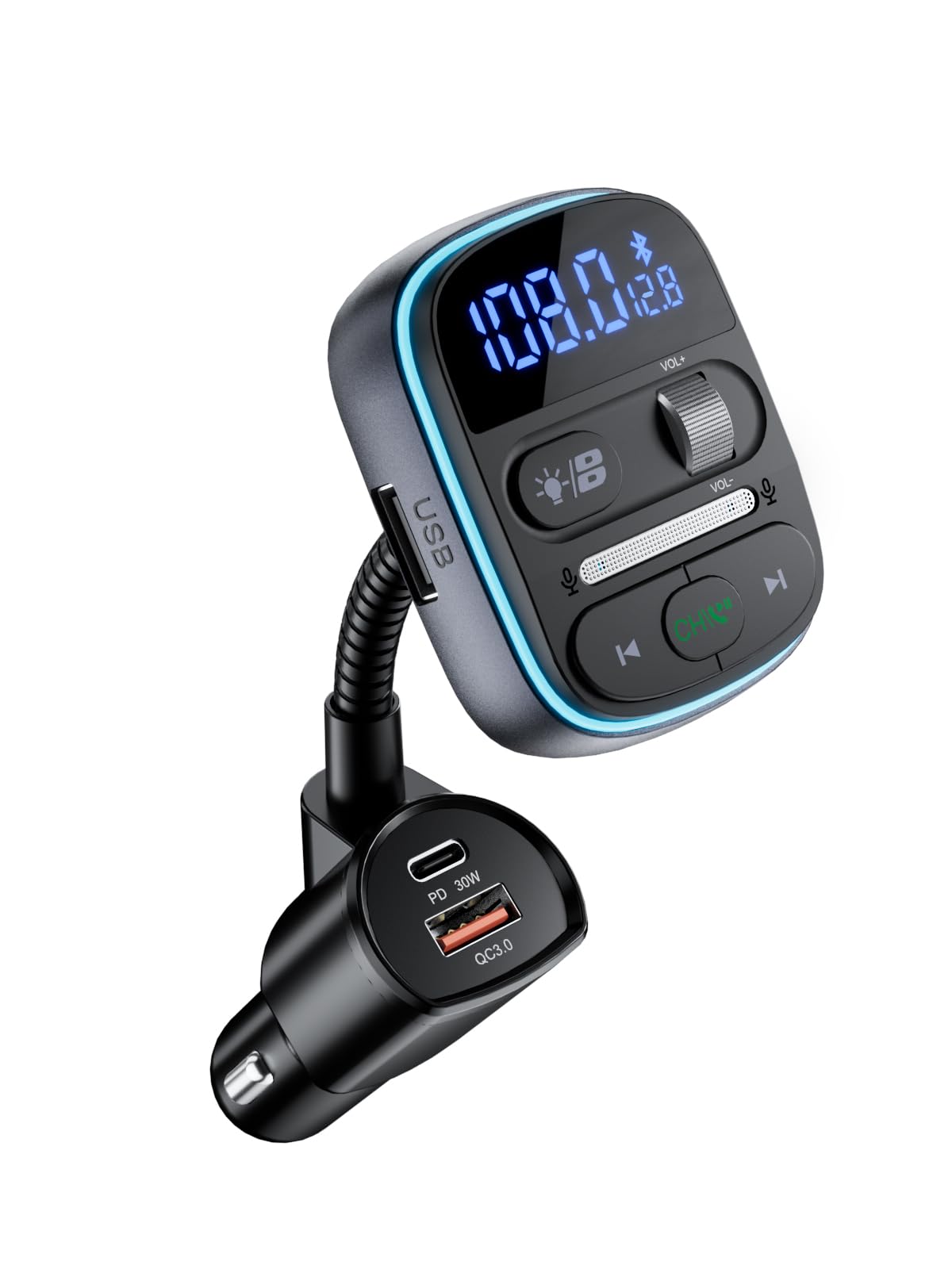 LENCENT Bluetooth FM Transmitter PD 30W Fast Charging Car Adapter with QC3.0, Hi-Fi Bass Music & Hands-Free Calling | Wireless Radio Receiver for Cars with Color LED Lights | Perfect for Road Trips & Commuting