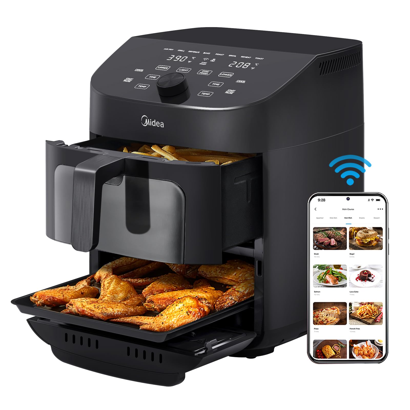 Midea 11 Quart Dual Basket Air Fryer Oven - 8-in-1 Smart Wi-Fi Enabled Appliance with Clear Window & Alexa Compatibility - Perfect for Family Meals, Baking, Roasting, Grilling, Broiling & Toasting - Ideal for Busy Families, Meal Prep & Healthy Cooking