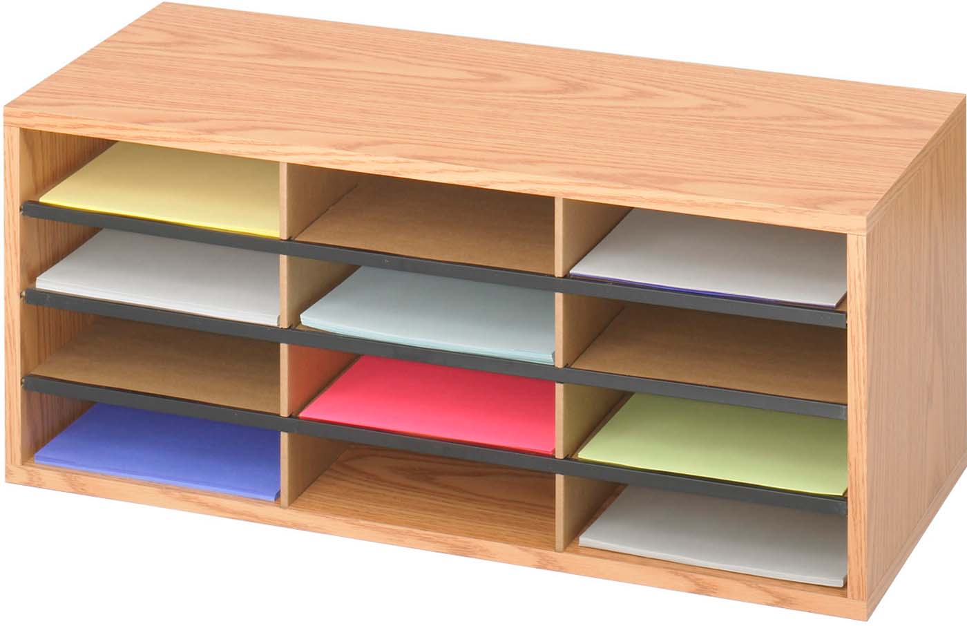 12 Compartment Medium Oak Literature Organizer - Wood & Corrugated File Holder for Office, Home, or School Organization [9401MO] - Perfect for Mail, Documents, Magazines, and Office Supplies Storage