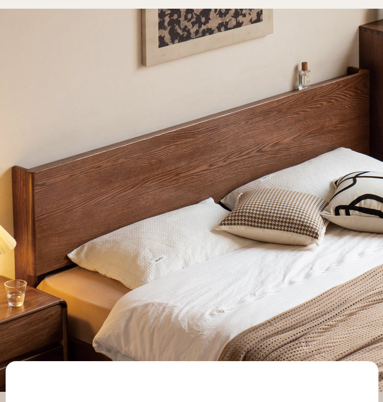 Solid Oak Wood Modern Bed Frame with LED Night Lights in Walnut Finish - Perfect for Bedroom Decor and Cozy Nighttime Ambiance