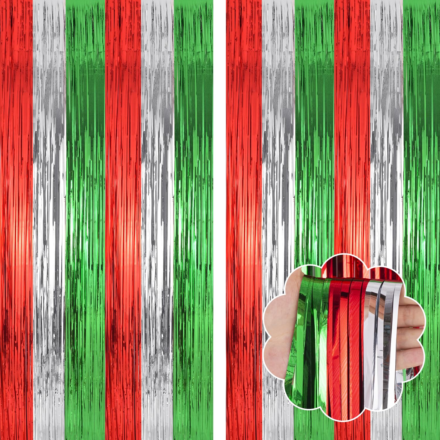 Red Green Silver Christmas Backdrop Curtains 2-Pack | Fringe Tinsel Streamers for Holiday Party Decor | Indoor & Outdoor Xmas Decorations | Perfect for Christmas Parties, Tree Backdrops & Festive Home Decor