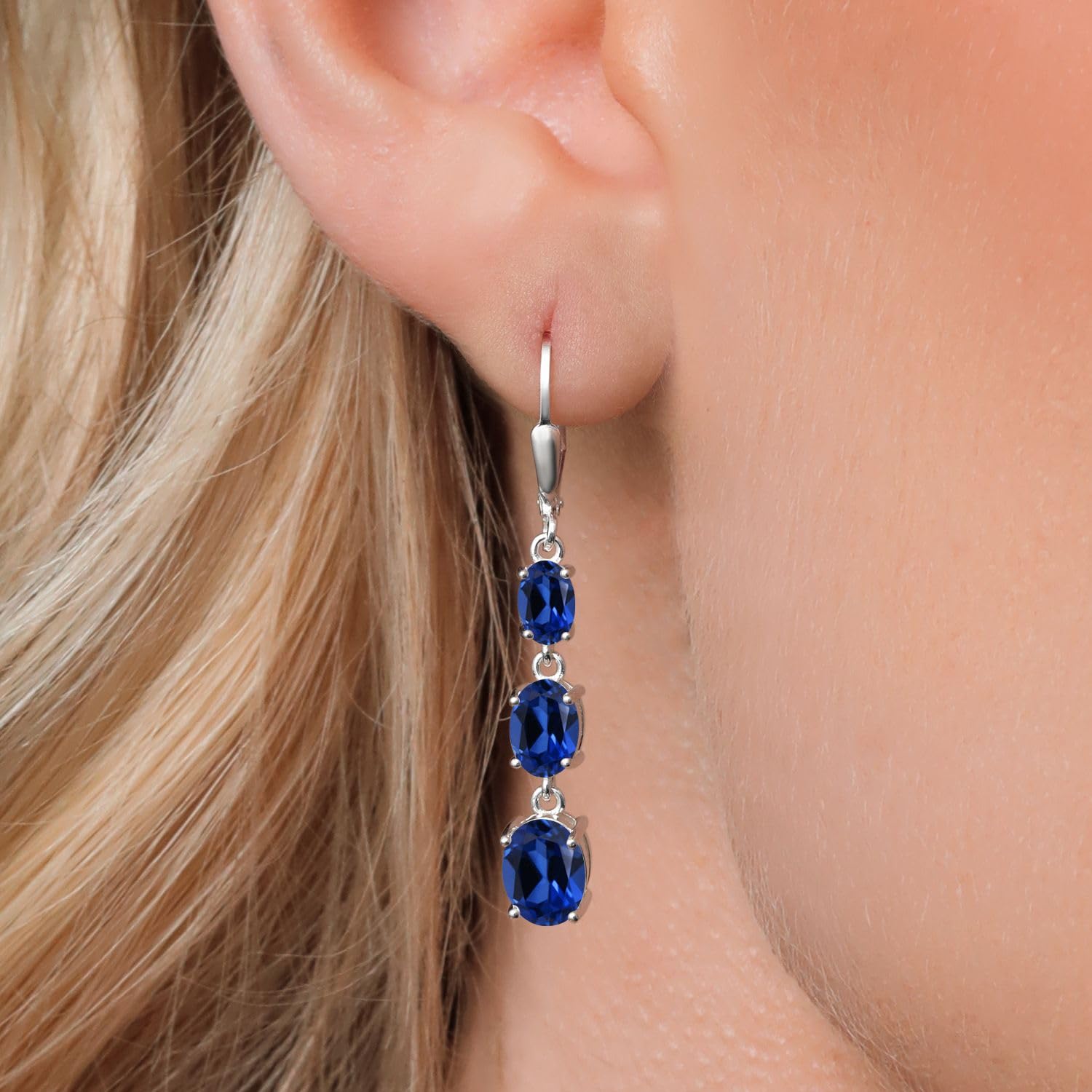 Gem Stone King 3-Stone Leverback Drop Dangle Earrings for Women - 925 Sterling Silver Birthstone Jewelry | Oval 8x6mm, 7x5mm & 6x4mm Gemstones | Elegant Gift for Mom, Wife, Her | Perfect for Weddings, Anniversaries & Special Occasions