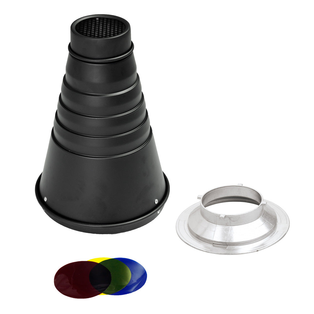 Interchangeable Conical Snoot with Honeycomb Grid & Color Gels - Perfect for Studio Photography, Portrait Lighting, and Creative Light Control