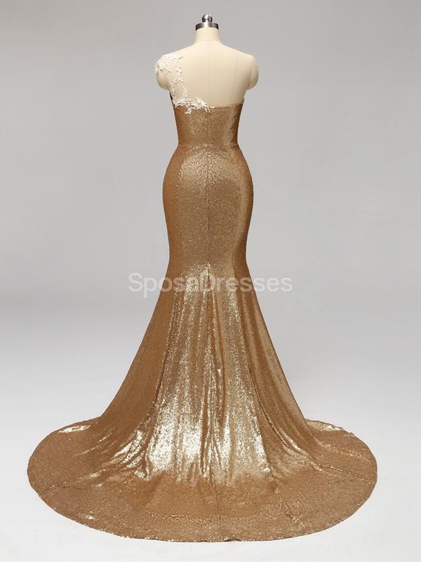 Gold Sequin One Shoulder Mermaid Long Bridesmaid Dresses for Weddings & Formal Events - Elegant Evening Gowns for Prom, Party & Special Occasions - WG596