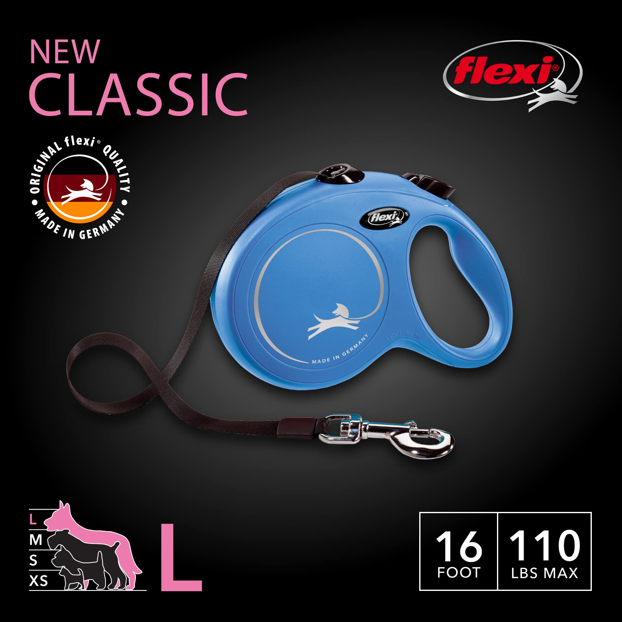 FLEXI New Classic Retractable Dog Leash for Large Dogs Up to 110 lbs - 16ft Tangle-Free Pet Walking Leash with One-Hand Brake, Pause & Lock | German Engineered Durable Design | Perfect for Park Walks, Hiking & Outdoor Adventures (Blue)
