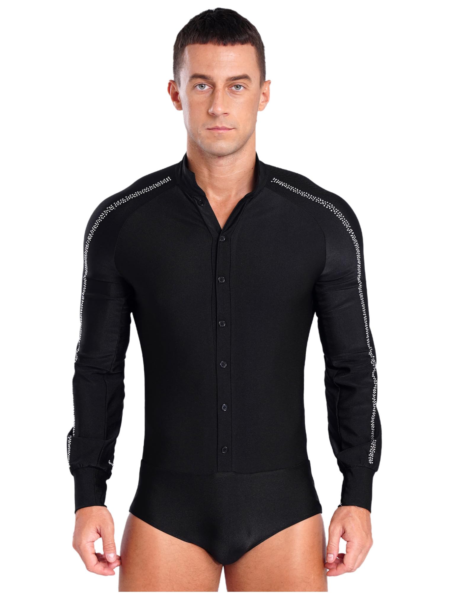 FEESHOW Men's Sparkly Rhinestone Latin Dance Shirt - Ballroom Performance Top with Stand Collar & Button Down Design - Perfect for Salsa, Tango & Competition Outfits