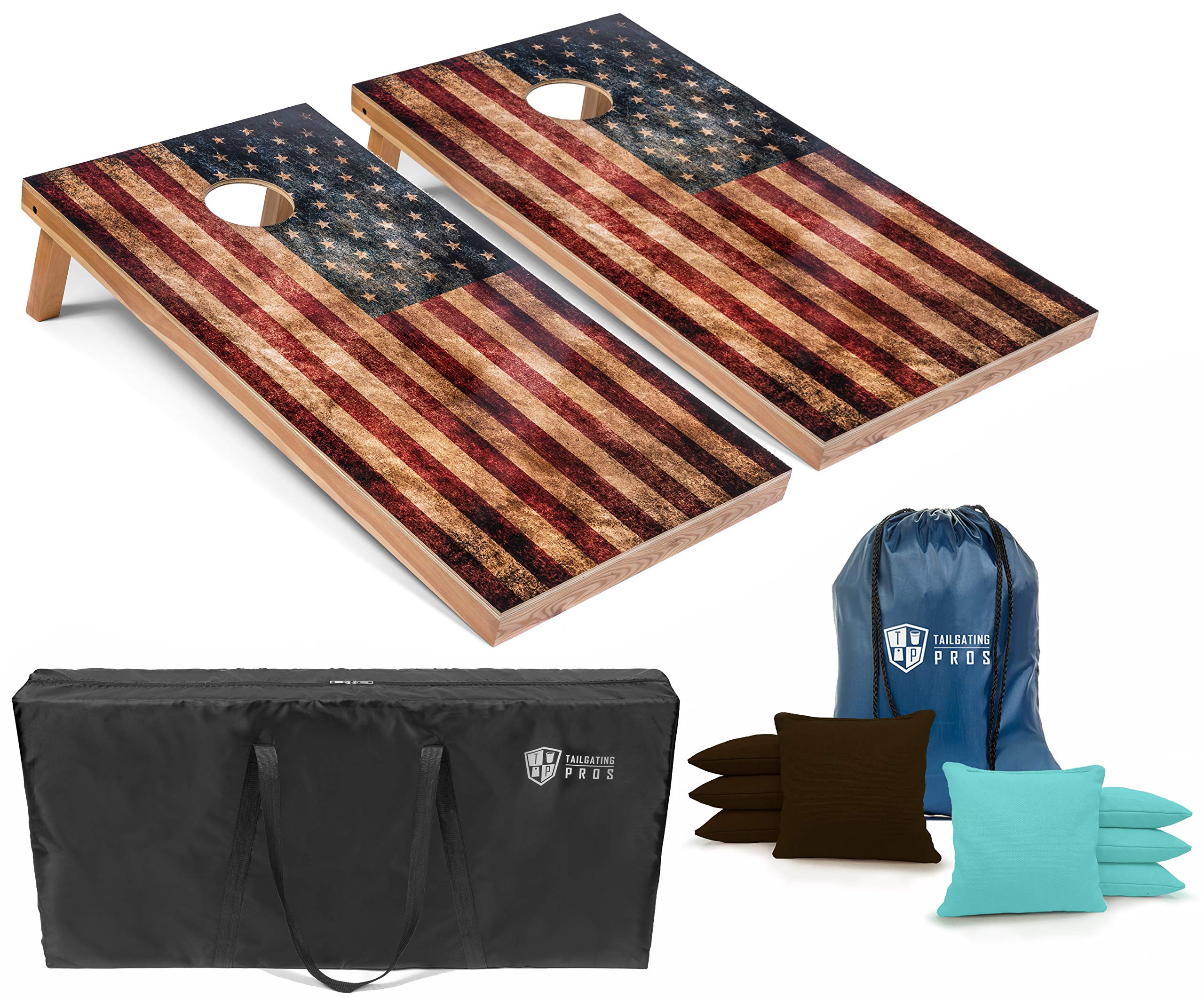 Rustic American Flag Cornhole Boards Set with LED Ring & Carrying Case – 4'x2' Distressed Cornhole Game with Bean Bags for Outdoor Tailgating, Backyard Parties, and BBQ Events