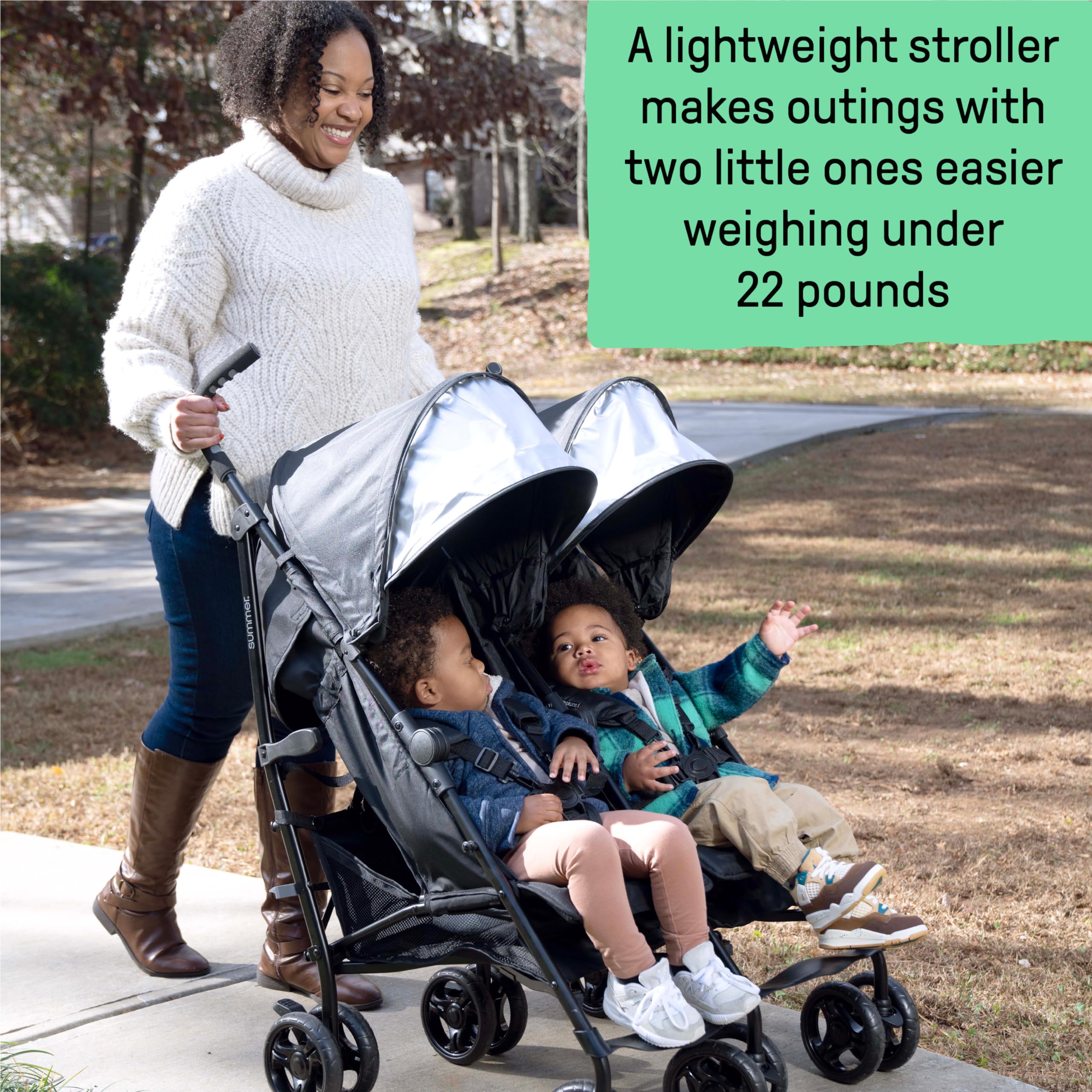 Summer Infant 3Dlite Compact Side by Side Double Stroller - Lightweight Foldable Baby Stroller with 5-Point Safety Harness for Twins or Siblings (Black) | Perfect for Travel, Shopping & Daily Walks with Two Kids