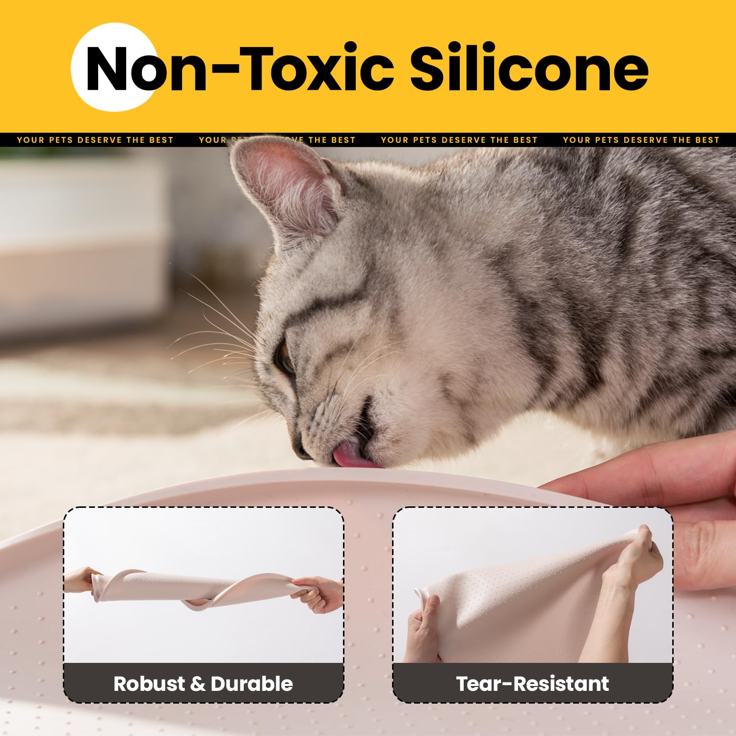 Premium Silicone Cat & Dog Food Mat with 1.2cm Raised Edges - Waterproof Non-Slip Pet Feeding Mat for Spill Containment, BPA-Free Rubber Bowl Mat for Floors (Beige, 48x30cm) - Ideal for Messy Eaters and Easy Cleanup in Kitchens or Pet Areas