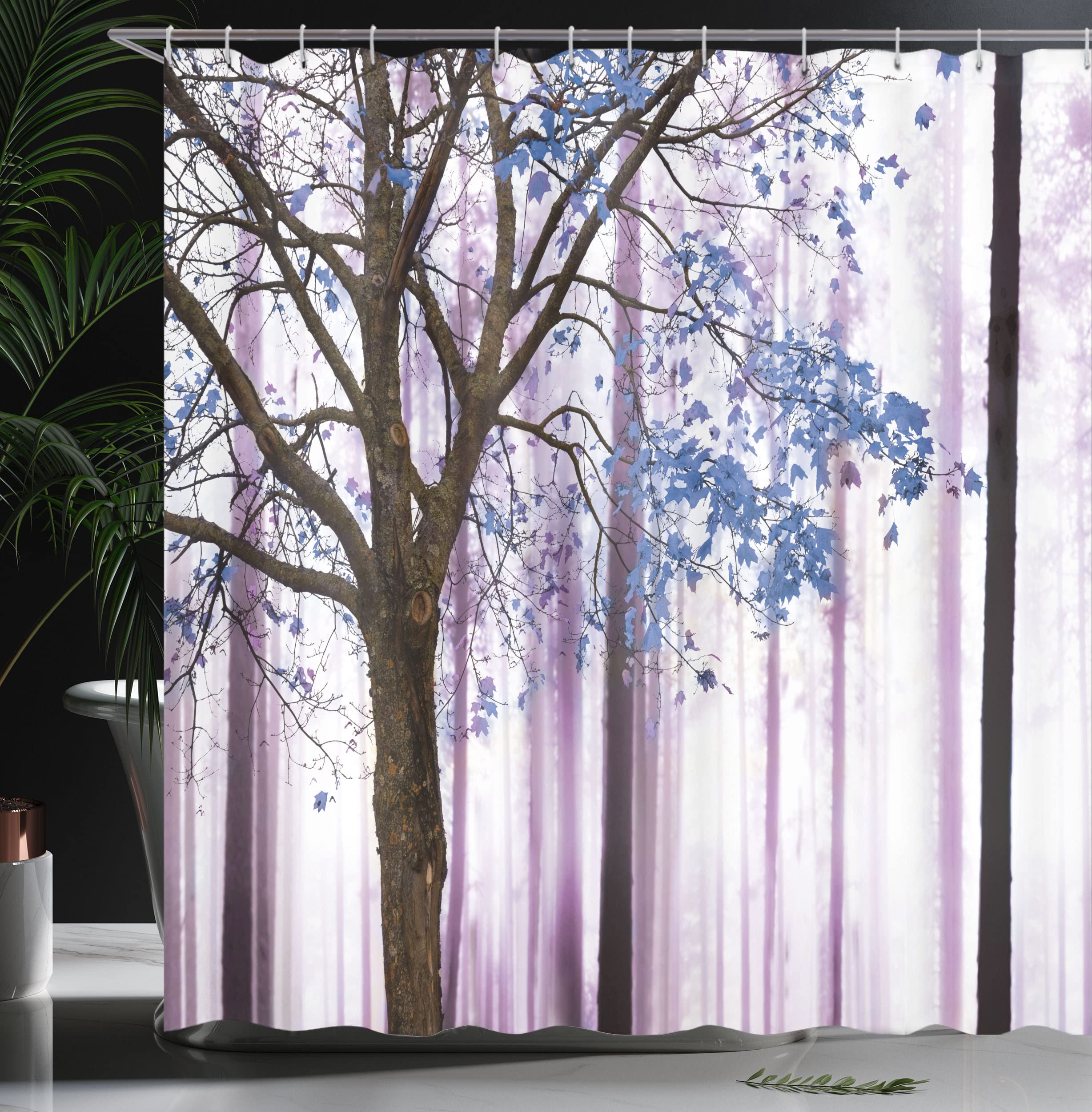 Ambesonne Autumn Shower Curtain - Abstract Woodland Print with Lonely Tree Leaves, 69x84 Inch Lavender Blue Fabric Bathroom Decor Set with Hooks | Perfect for Fall Home Decor, Cozy Bathroom Makeover & Seasonal Gift Ideas