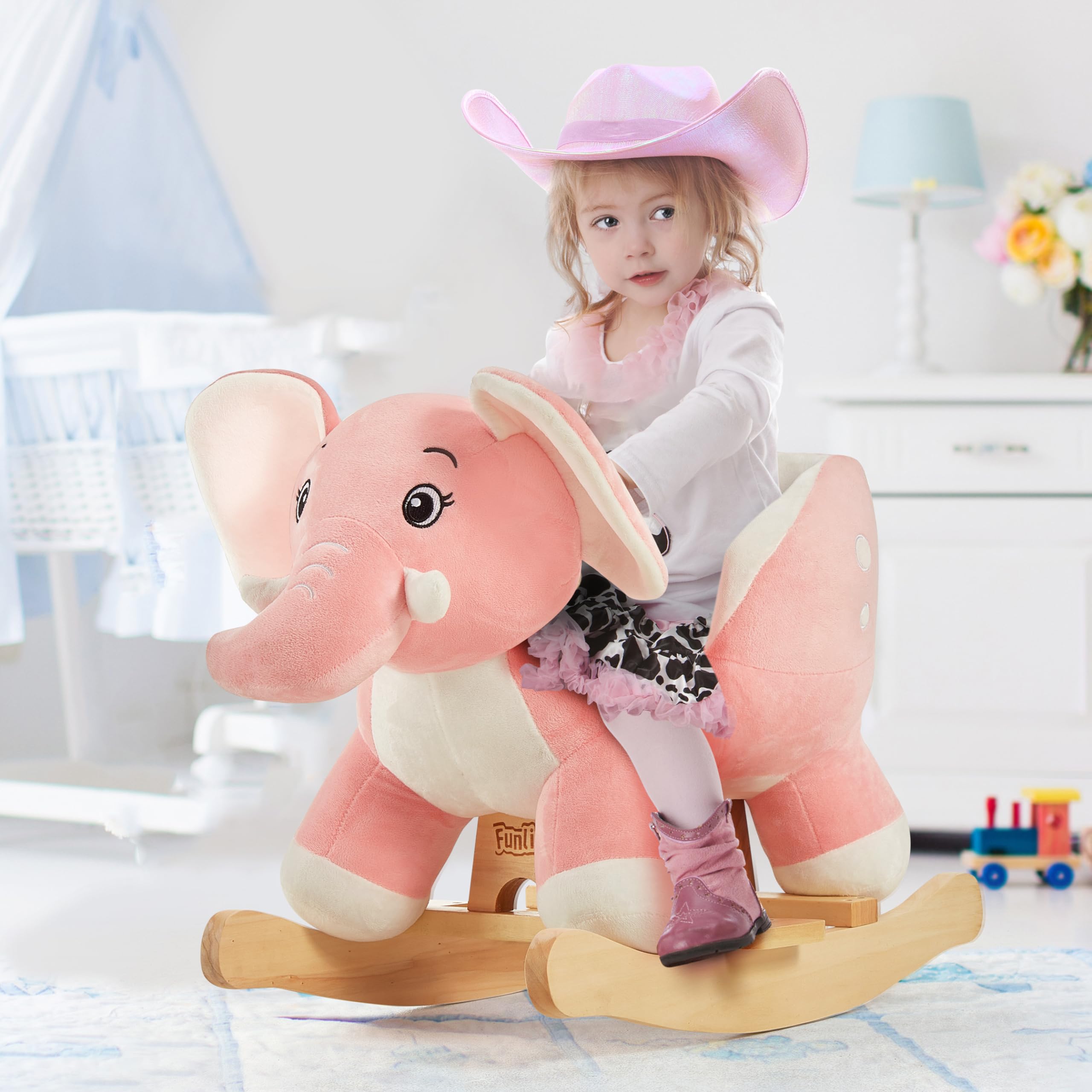 FUNLIO Pink Elephant Baby Rocking Horse - Soft Plush Ride-on Rocker Toy for Toddlers 6 Months to 3 Years | Safe & Easy to Assemble | CPC & CE Certified | Perfect Nursery Gift for Baby Girls & First Birthday Presents | Encourages Balance & Motor Skills Development