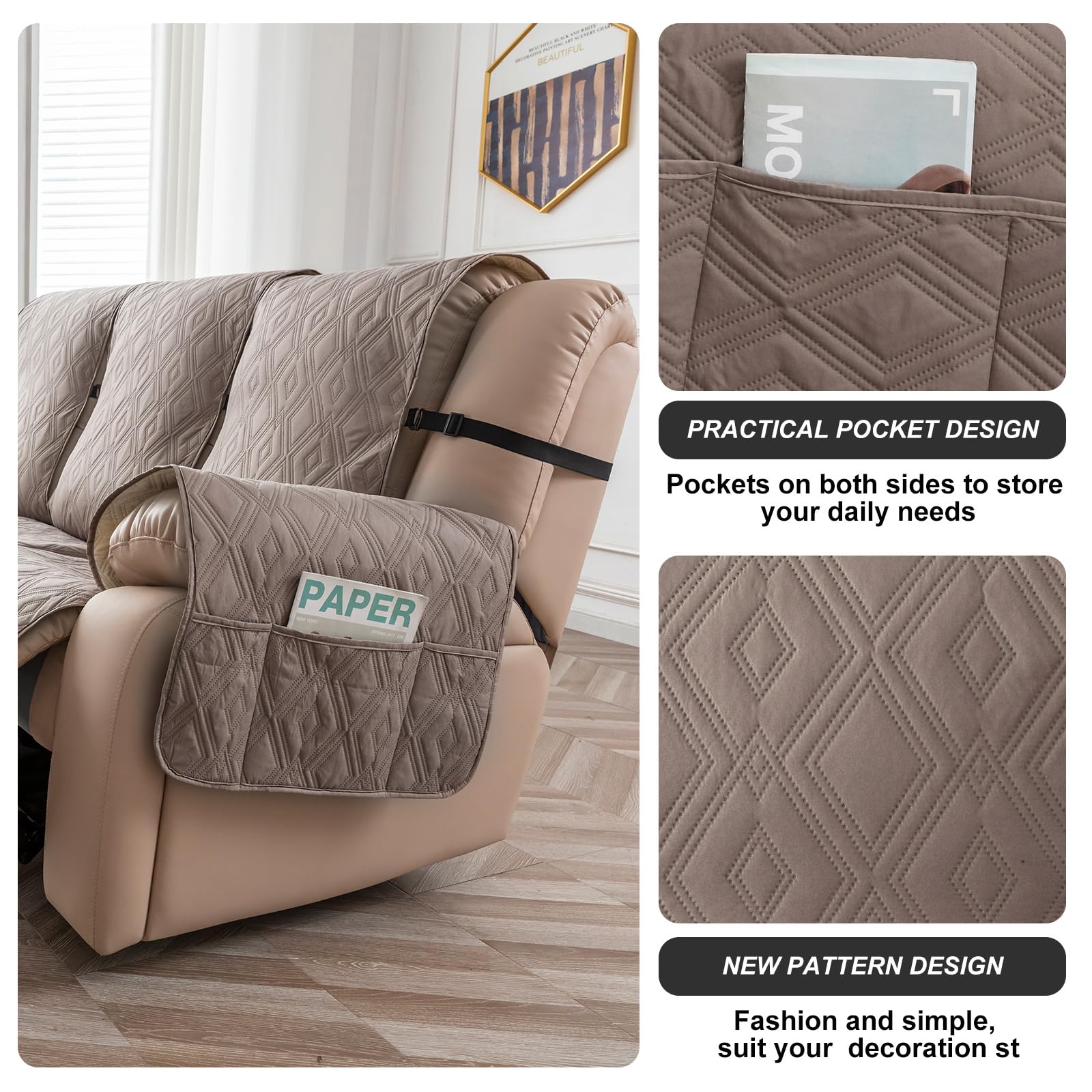 Genina Waterproof Reclining Couch Cover - Non-Slip Washable 3-Seater Sofa Protector for Pets, Kids & Furniture (Taupe) | Perfect for Living Room, Family Room & Pet-Friendly Homes